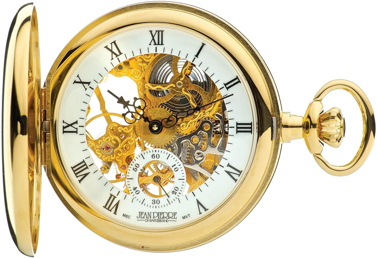 I LUV LTD Half Hunter Skeleton Pocket Watch 17 Jewelled Mechanical Gold Plated Case