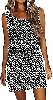 Womens Summer Dress Casual Sleeveless Sundresses Drawstring Waist Beach Cover up Short Swing Dresses with Pockets - Buy now