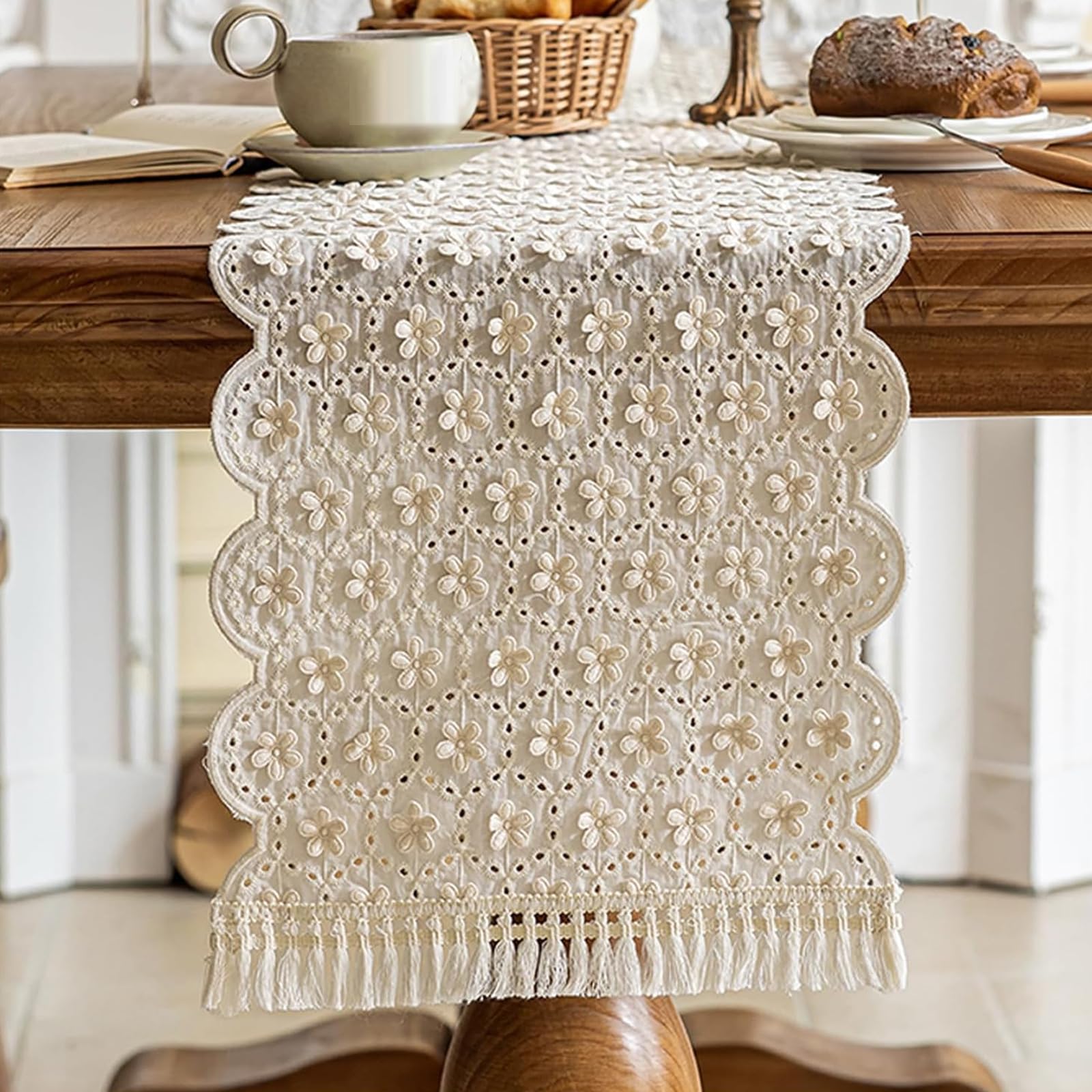 Linen Table Runner With Tassel Boho Embroidered Style Kitchen Tablerunners For Holiday Party Wedding Birthday Decoration (33*120cm/12.99*47.24in)