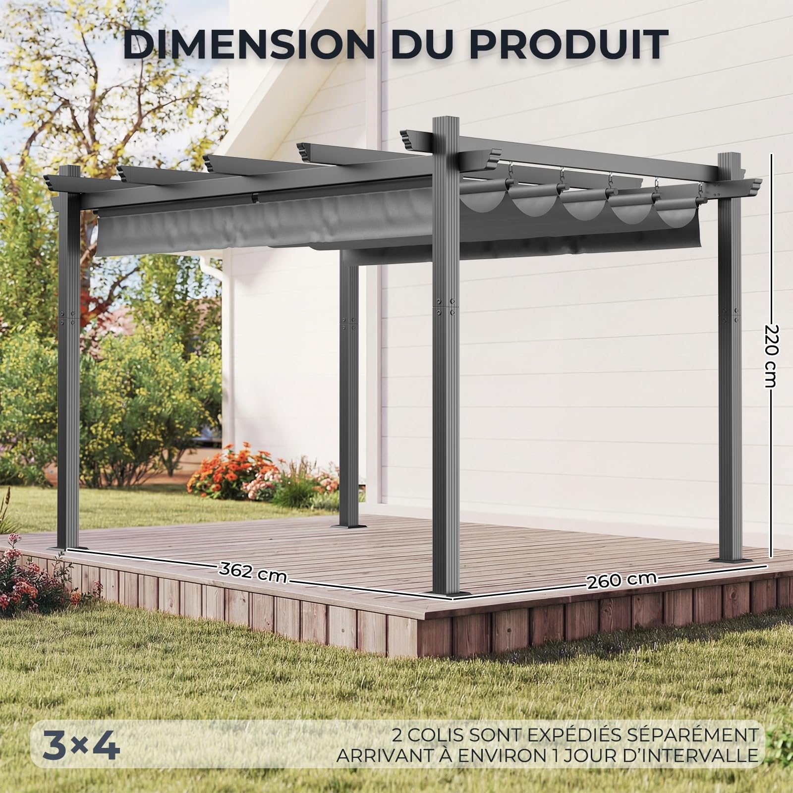 Devoko Pergola Aluminium 4x3, Pergola Jardin Exterieur, avec Fixations Magnétiques et Zone d'ombrage Réglable, Cadre en Aluminium, Convient pour Les Jardins et Les Cours,Gris