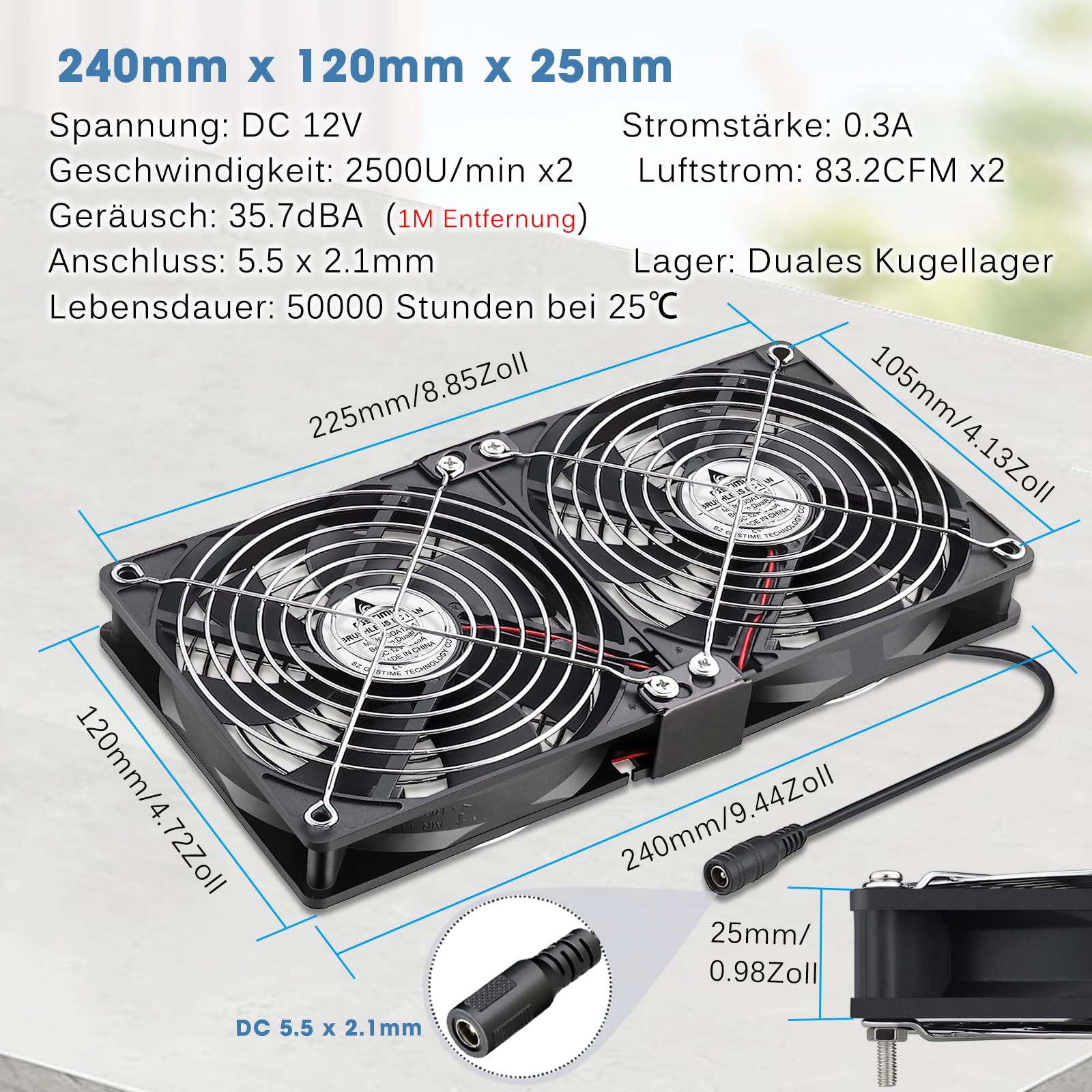 GDSTIME Dual 120mm Lüfter 230V 2 x 120mm PC Lüfter 220V Doppelkugellager DC 4V-12V Einstellbare Geschwindigkeit für Schrank Server Router Verstärker Kühlung Belüftung