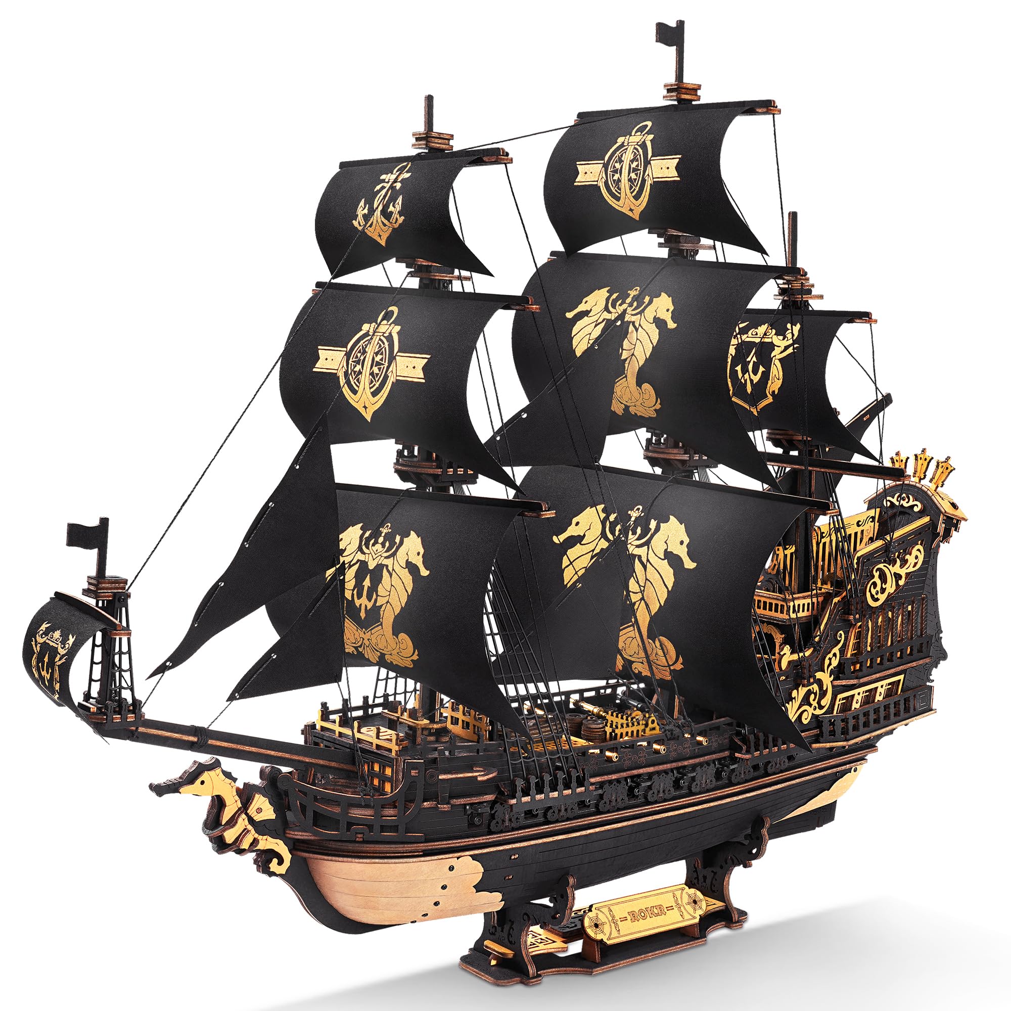 ROKR Seahorse Barque 3D Wooden Puzzle for Adult - Sailboat Model Kit, 603-Piece DIY Assembly, 1:100 Scale Sailboat MCB02