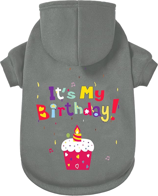 Casaco de Inverno para Cães e Gatos com Capuz, Moletom de Poliéster GreenJoy Cinza “It's My Birthday” – Tamanho Medium