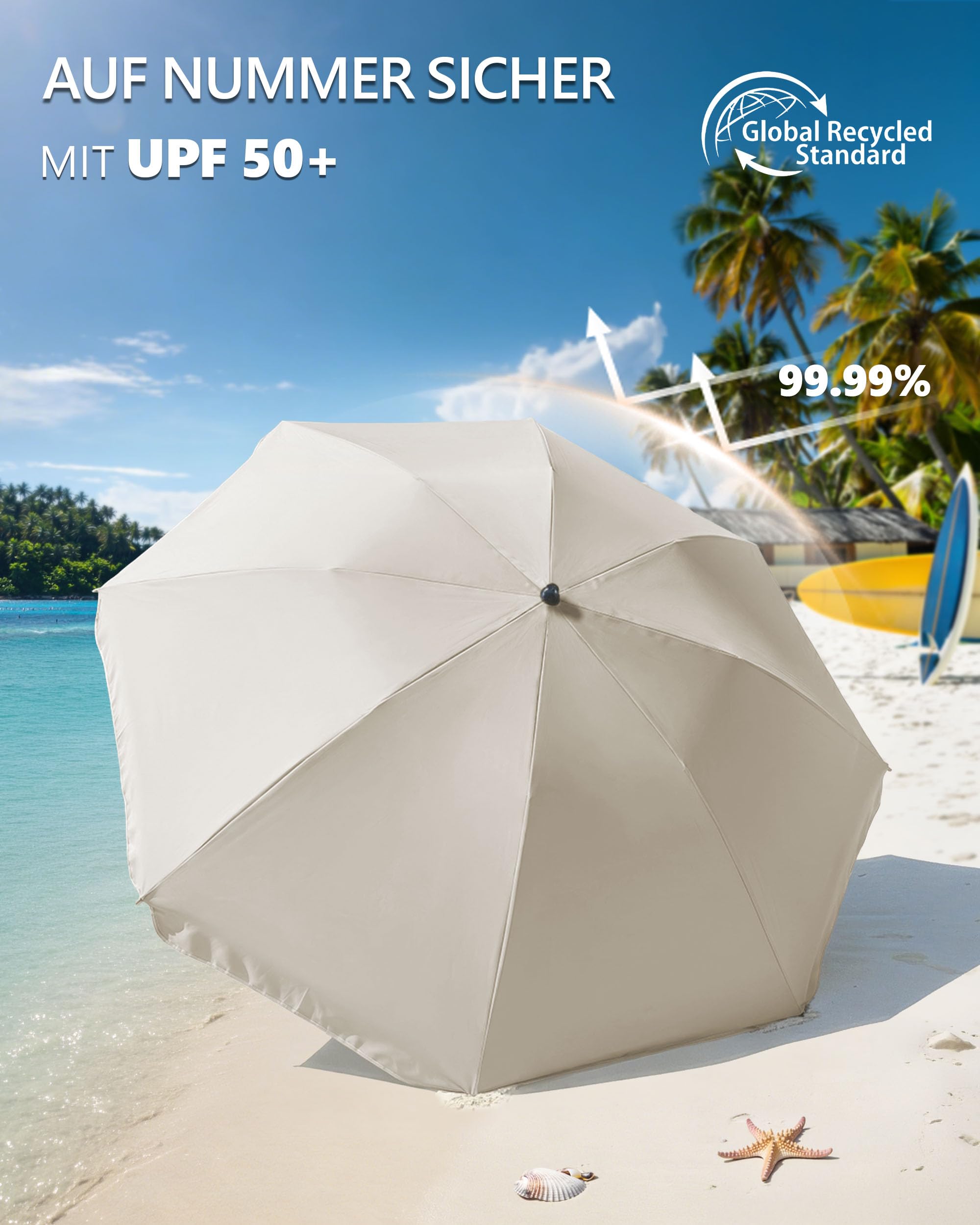 Menz Sonnenschirm Strand Ø 160 cm - Funktioneller Reise Sonnenschirm UPF 50+ für Koffer - Praktischer Strandschirm klein faltbar, kompakter Strandschirm koffertauglich