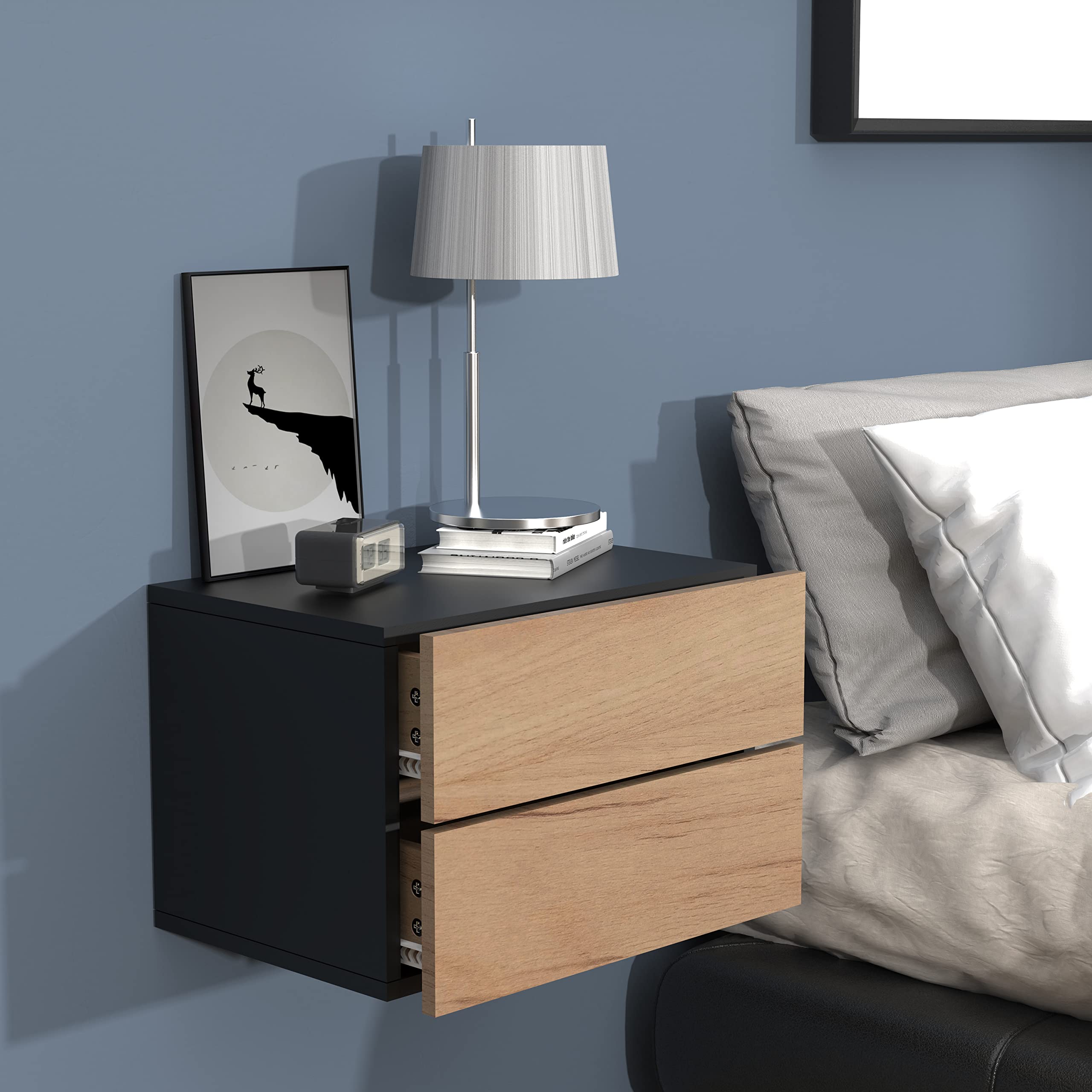 VCM Tiroir Mural en Bois Table de Chevet Murale Console Table de Nuit Usal L 45 cm Noir/Chêne Miel