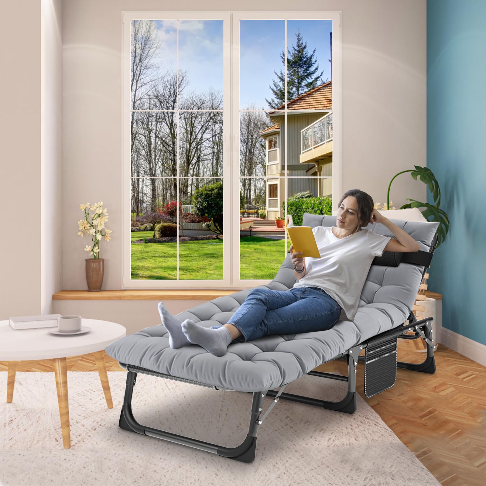 Meulbaty Foldable Sun Lounger with Adjustable Backrest, Cushion, Headrest, and Side Pocket –190x68x28cm Perfect for Garden, Pool, Beach, Camping, Guest Bed (Grey Pleuche)