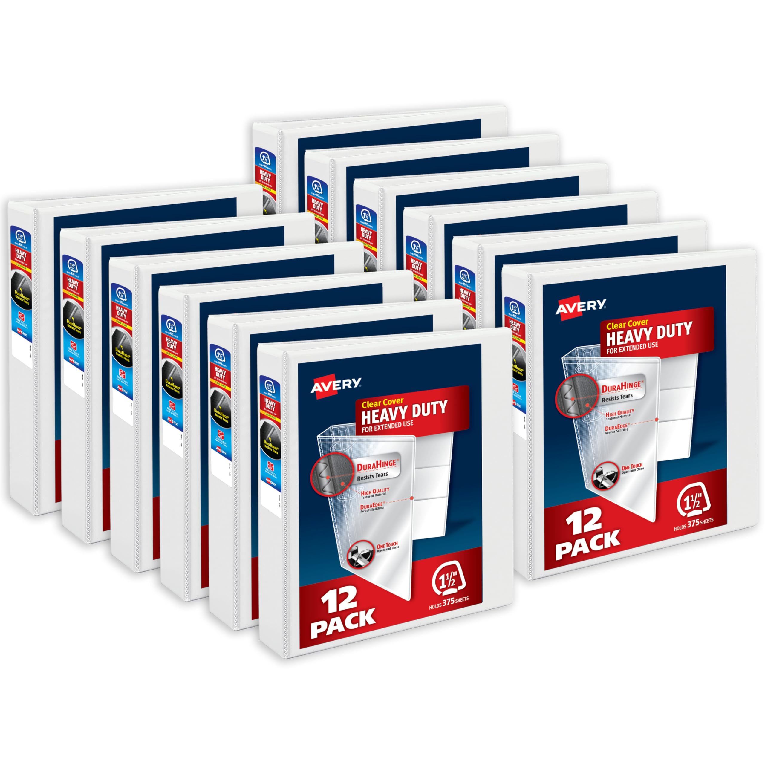 Avery Heavy-Duty View 3 Ring Binders, 1.5 Inch One Touch Slant Rings, DuraHinge, 2.1 Inch Wide Spine, Customizable Clear Cover and Spine, White Binders (12-Pack of 79795)
