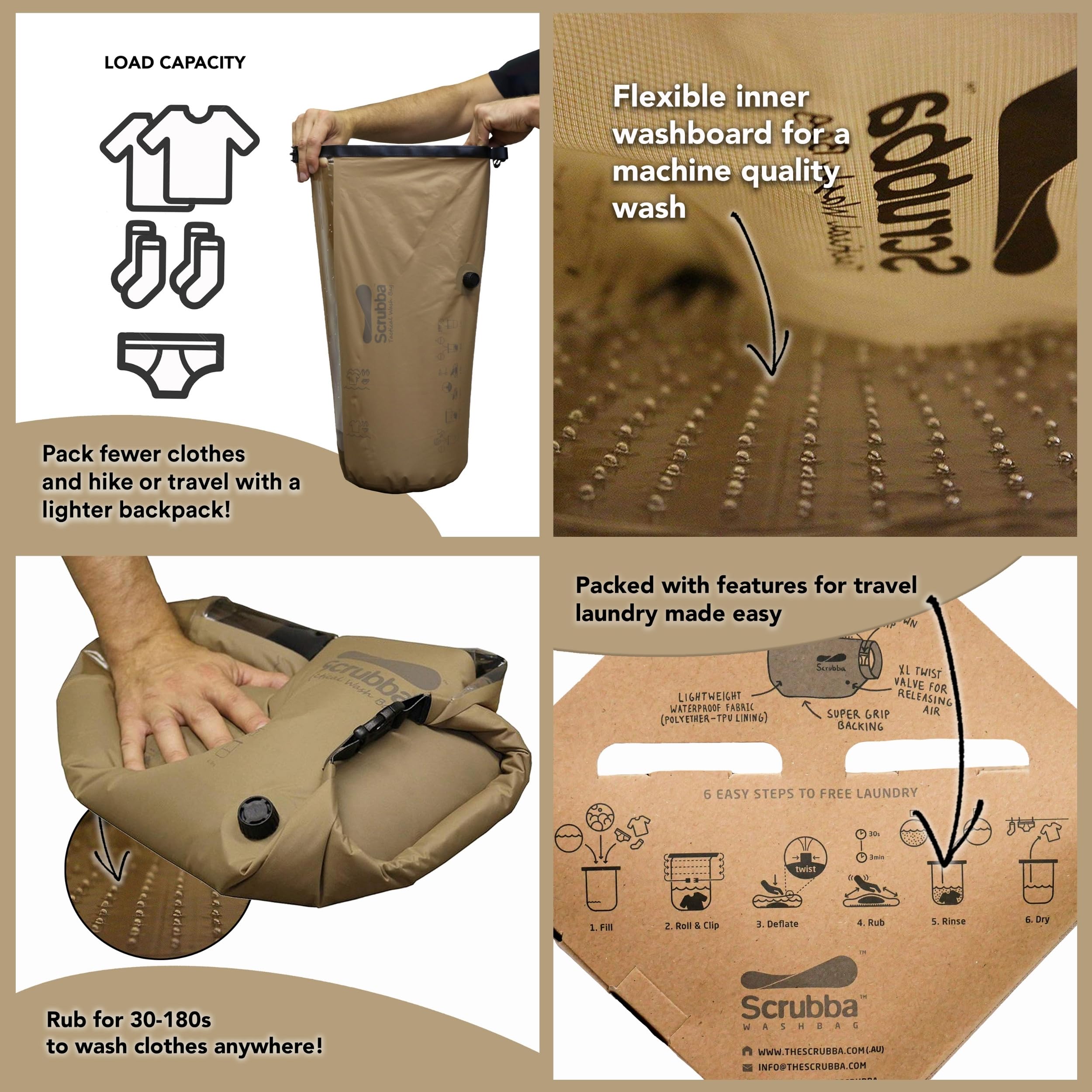 Scrubba TACTICAL Kit de Lavage & Séchage – Machine à laver portable robuste avec serviette XL, corde à linge & cintres – Léger & essentiel pour camping, randonnées, voyages