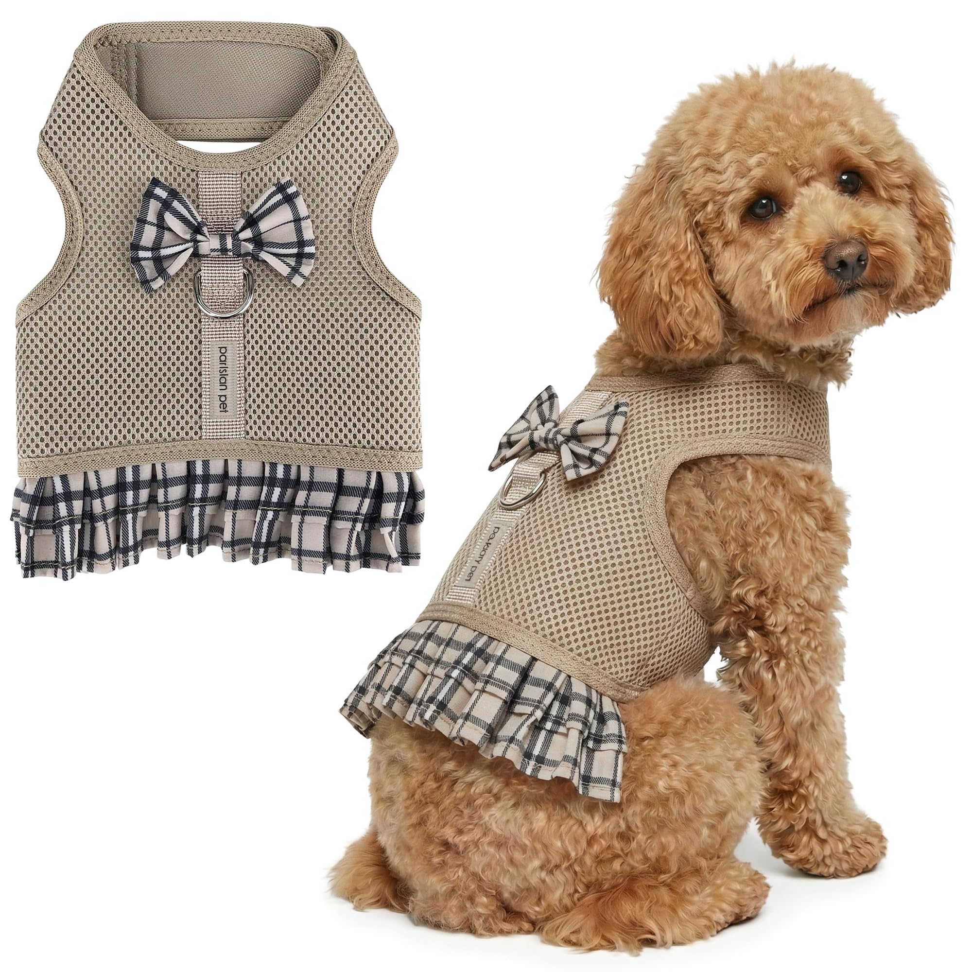 Parisian Pet Plaid Khaki Dog Harness Dress - Breathable No Pull Puppy Dress with Leash Ring - 100% Mesh Fabric Harnesses for Dogs - Soft Padded Step