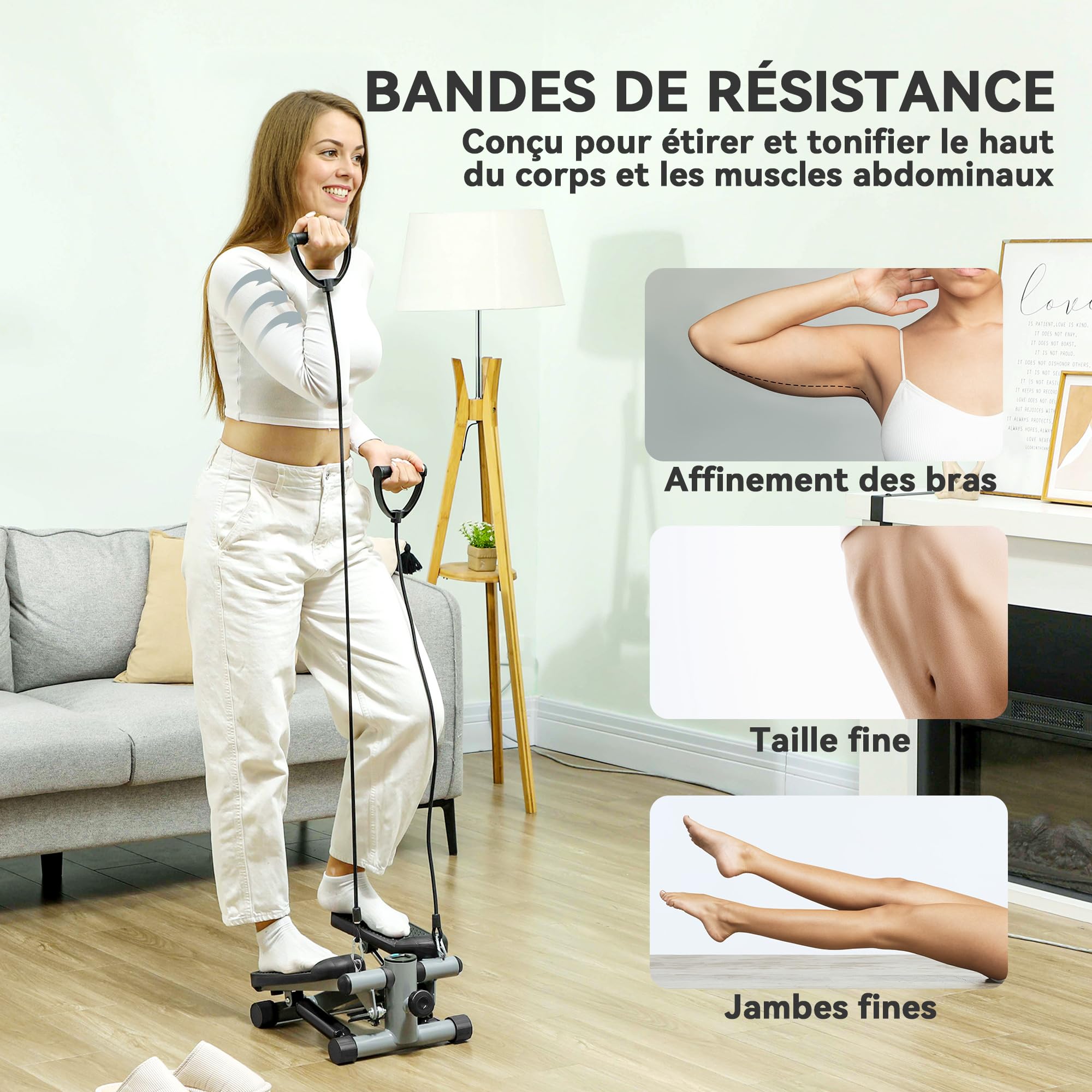 SPORTNOW Mini Stepper de Fitness pour la Maison, Machine de Step, Appareil de Fitness avec Bandes de résistance, écran LCD et pédales antidérapantes, Charge 100 kg, Gris