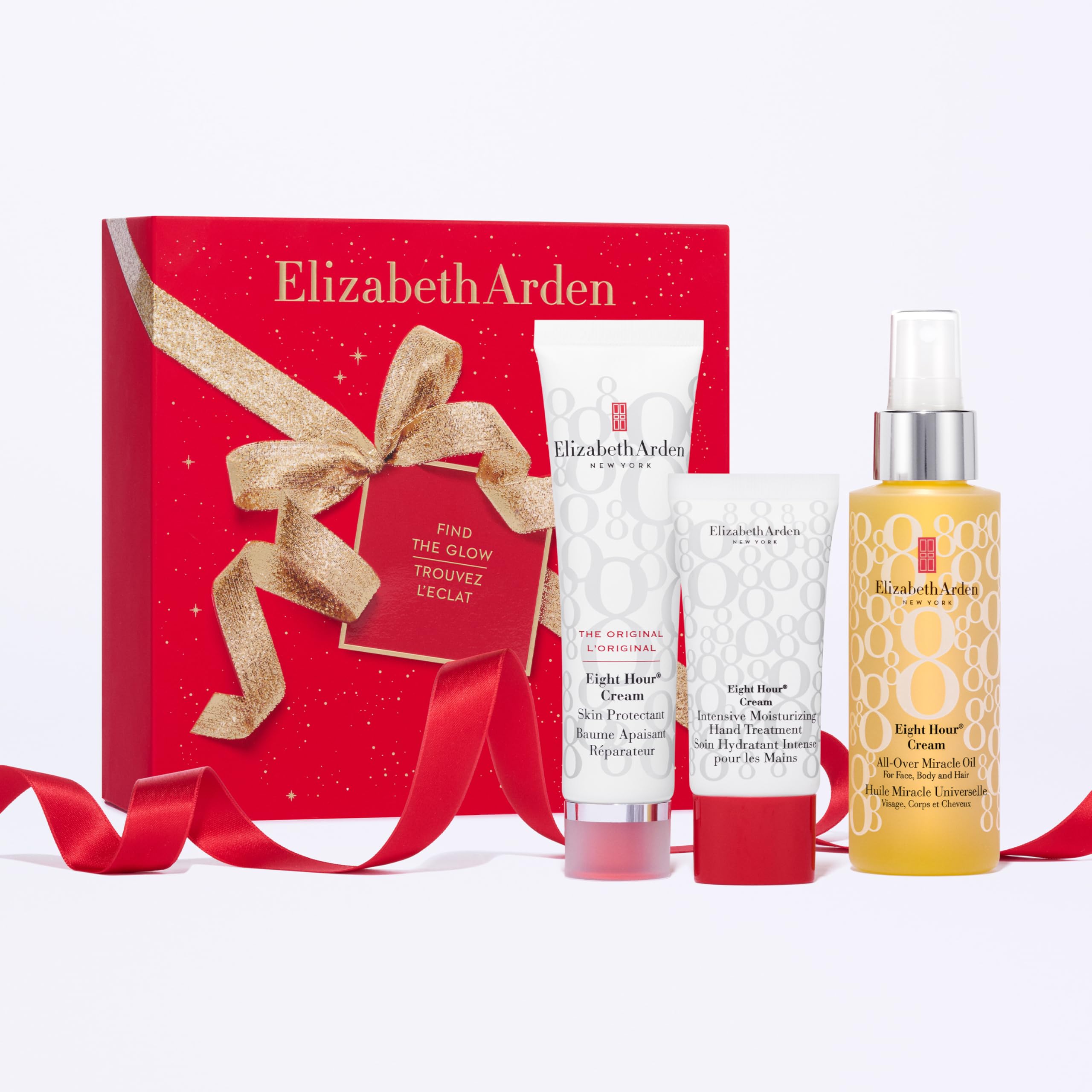 Elizabeth Arden – Eight Hour Find The Glow 3-teiliges Geschenkset, Gesichtscreme, Handcreme, Körper- & Haaröl, Feuchtigkeitspflege für Damen, mit Vitamin E, Beauty-Set für die Feiertage