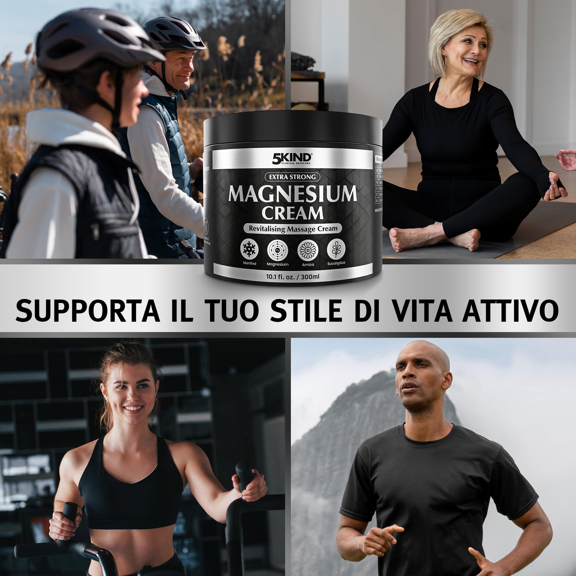 5Kind Crema al Magnesio Extra Forte 300ml - Crema al Magnesio per Muscoli, Articolazioni, Schiena, Ginocchia, Collo, Spalle - Arricchita con Arnica, Eucalipto, Consolida, Mentolo e Olio di Canapa