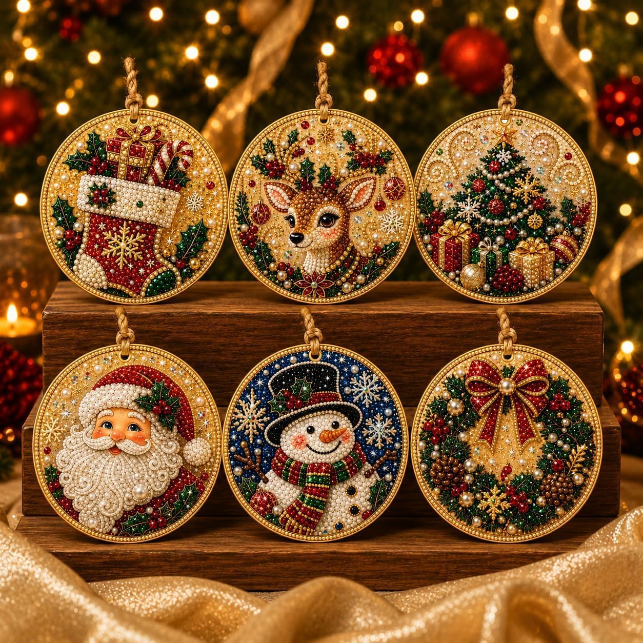 Bancsdzaha 6PCS Christmas Wooden 3D Pearl Diamond Painting Art Kit,Hanging Craft for Christmas Tree Ornament Decor, Rhinestone Art, Hemp Rope Included Pendant Style for Party Home Decor