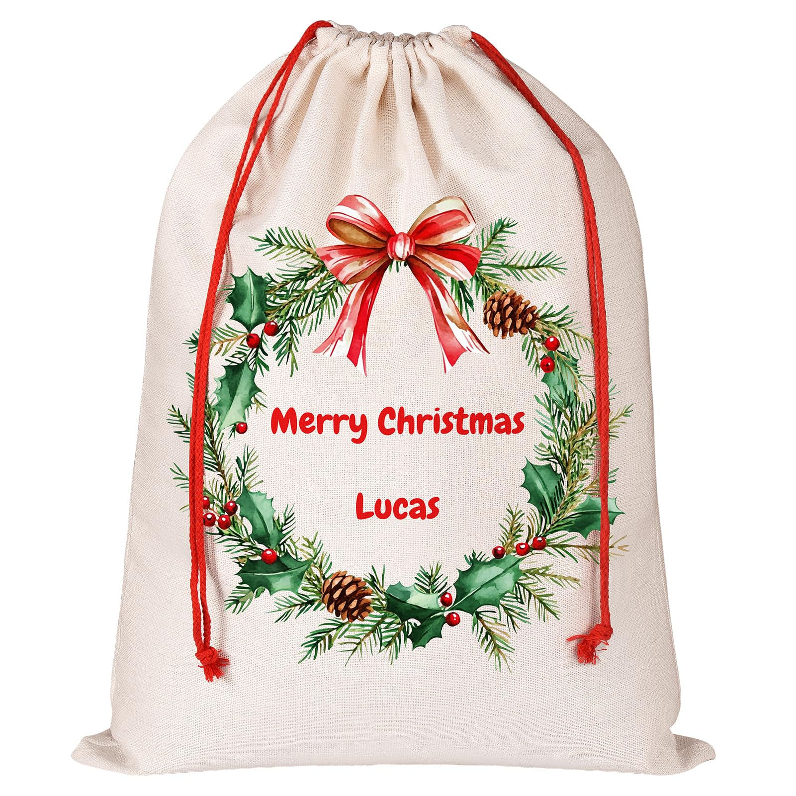 5 Pack Personalised Santa Sack with Wreath, Custom Monogram Alphabet Xmas Gift Bags, Xmas Eve Box Sack Bags, Christmas Wrapping Gift Bags for Kids Holiday Presents