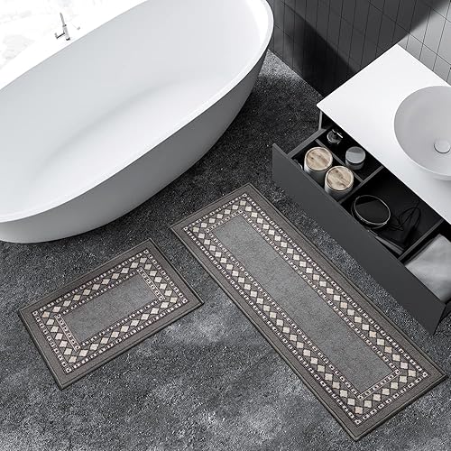 Antep Rugs Alfombras Modern Bordered 2pc Non-Skid (Non-Slip) Low Profile Pile Rubber Backing Indoor Kitchen Runner Rugs (Gray, 2pc Set)