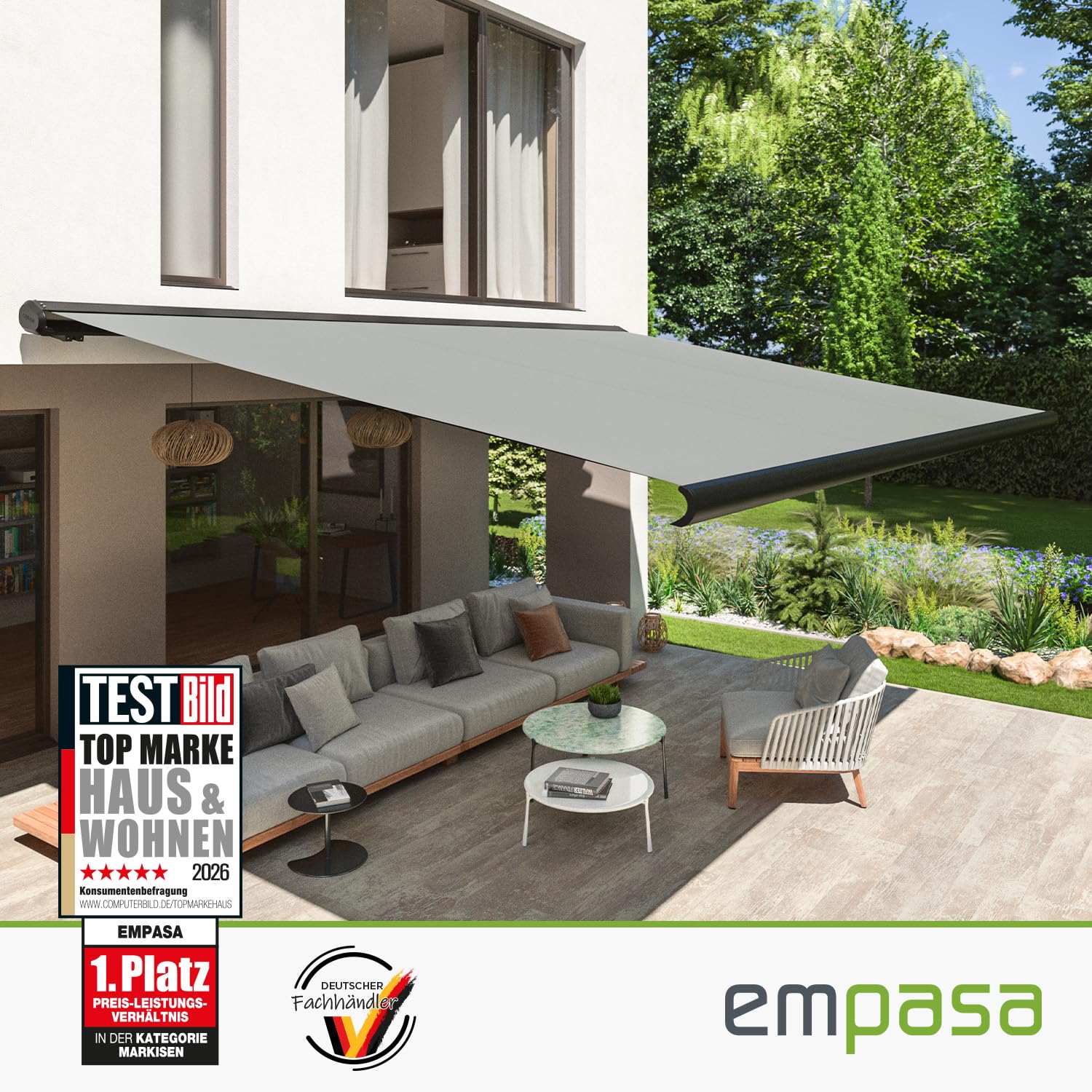 empasa elektrische Vollkassettenmarkise Profi Plus mit WiFi-Motor Smart Home kompatibel Terrassenüberdachung Markise Kassettenmarkise, Kassette in anthrazit, Größe:2 x 1.5 m, Farbe:hellgrau