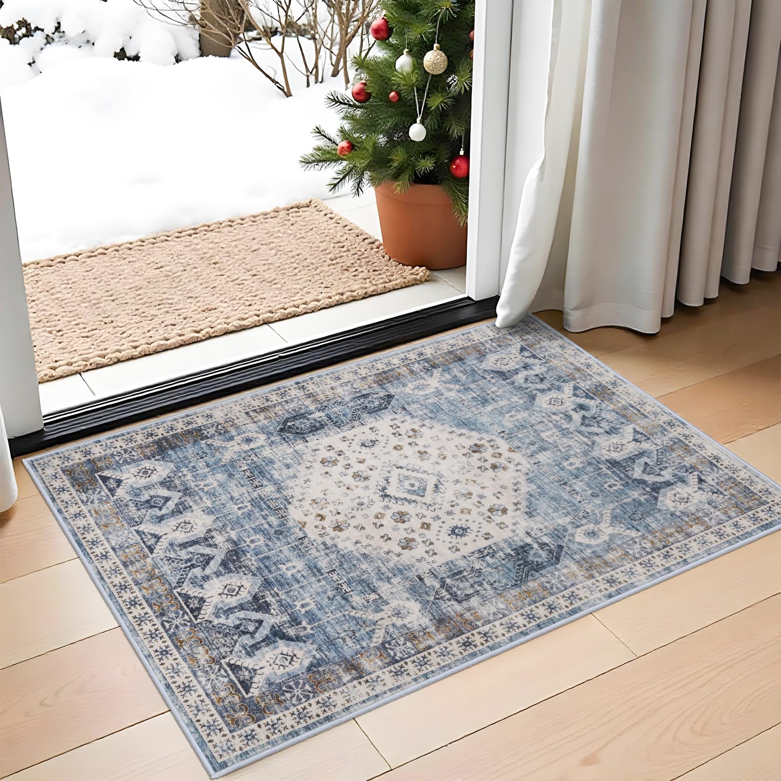 Washable Living Room Area Rug - 2x3 Small Bedroom Rugs Vintage Rustic Style Carpets with Non Slip Backing Distressed Floor Mat for Dining Room Kitchen