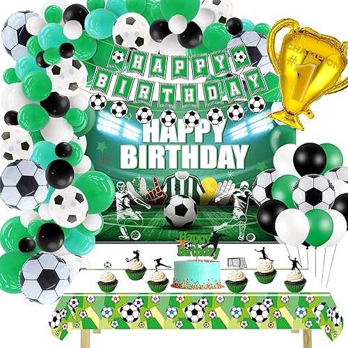 GREPARPY Soccer Party Decorations - Soccer Birthday Party Supplies Include Soccer Theme Balloons Arch Garland, Banner, Backdrop, Tablecloth, Cake