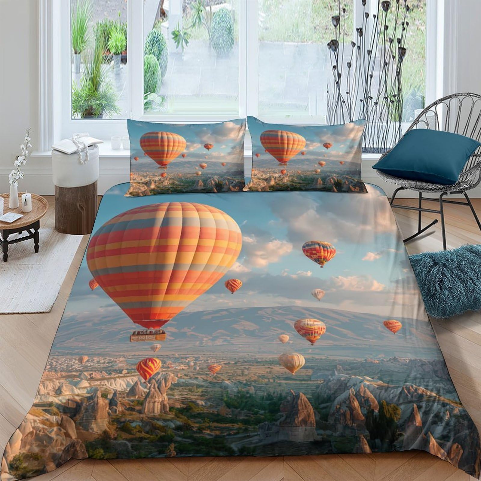 Ctjqhvkz Style-1 3D Printed Hot Air Balloon Fitted Sheet Microfiber Scenic Sky Mattress Cover For Bedroom Dorm Easy Care Decor Single（135X200cm）