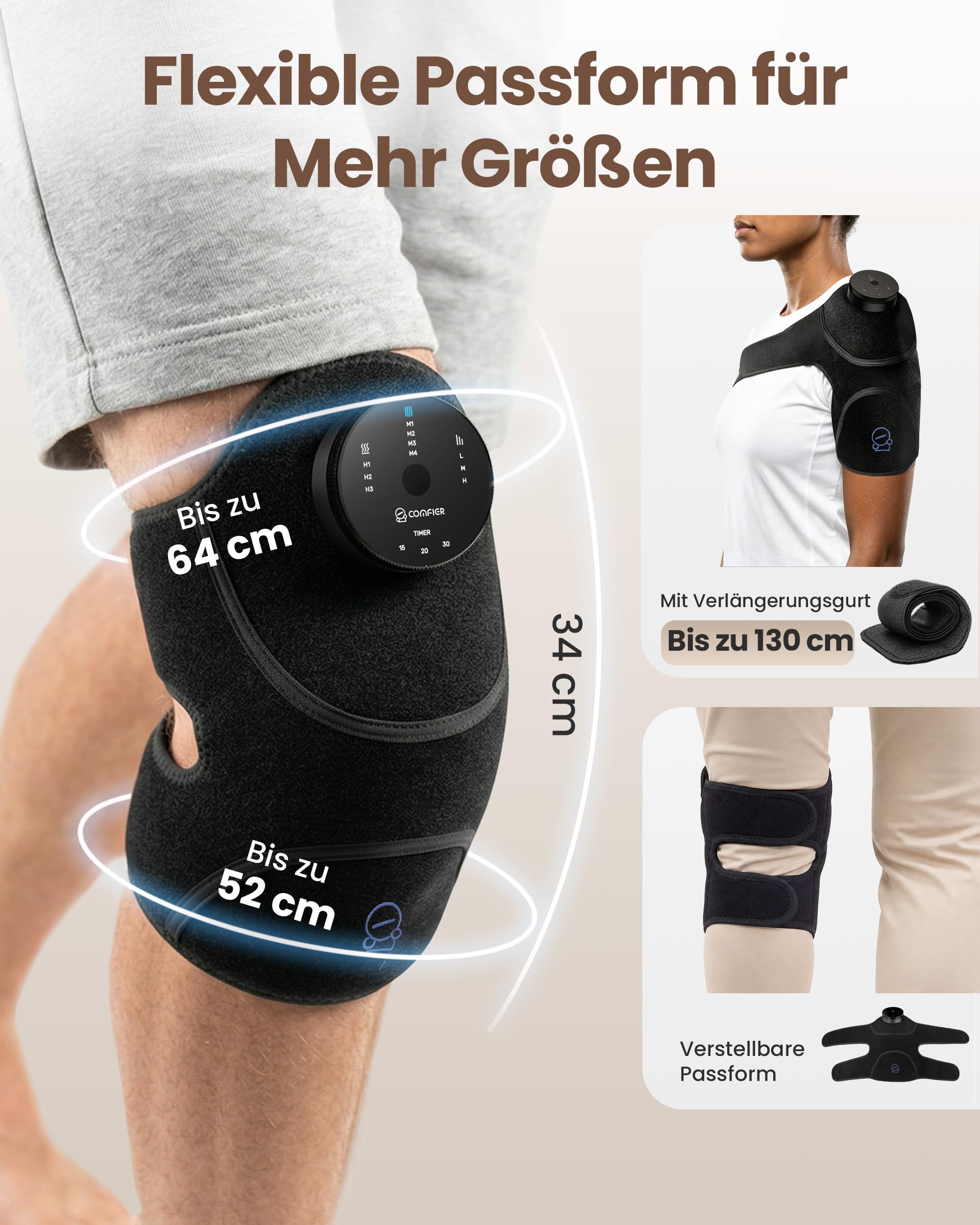 COMFIER 3-in-1 Kabelloses Knie-Massagegerät mit verbesserter Graphenheizung | 4 Vibrationsmodi & 3 Heizstufen, 2500mAh Akku, Für Knie, Ellenbogen & Schultern, Geschenk für Männer und Frauen