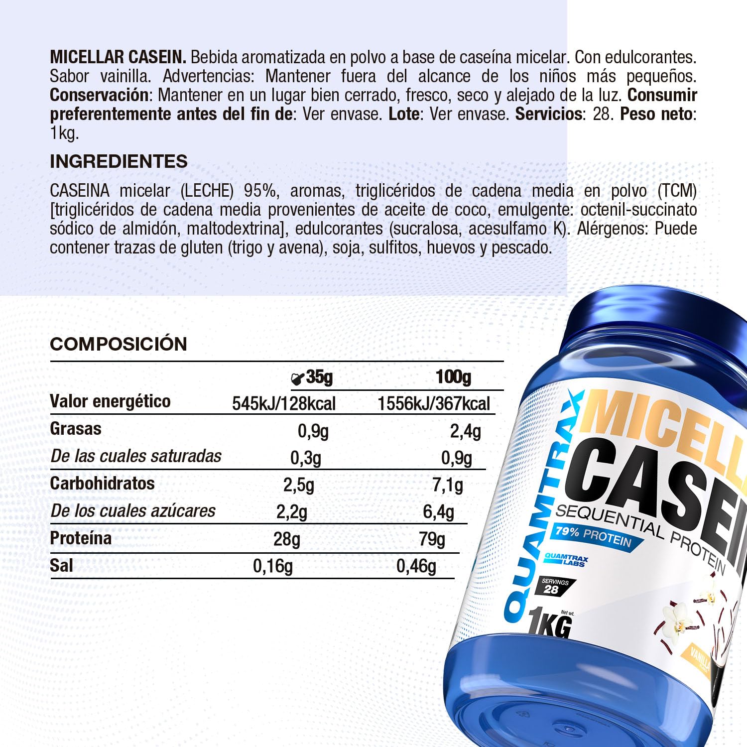 Quamtrax Nutrition - Micellar Casein (Caseína Micelar) - 1 kg - Sabor Swirl Caramel - Alto contenido proteico, absorción lenta y recuperación muscular