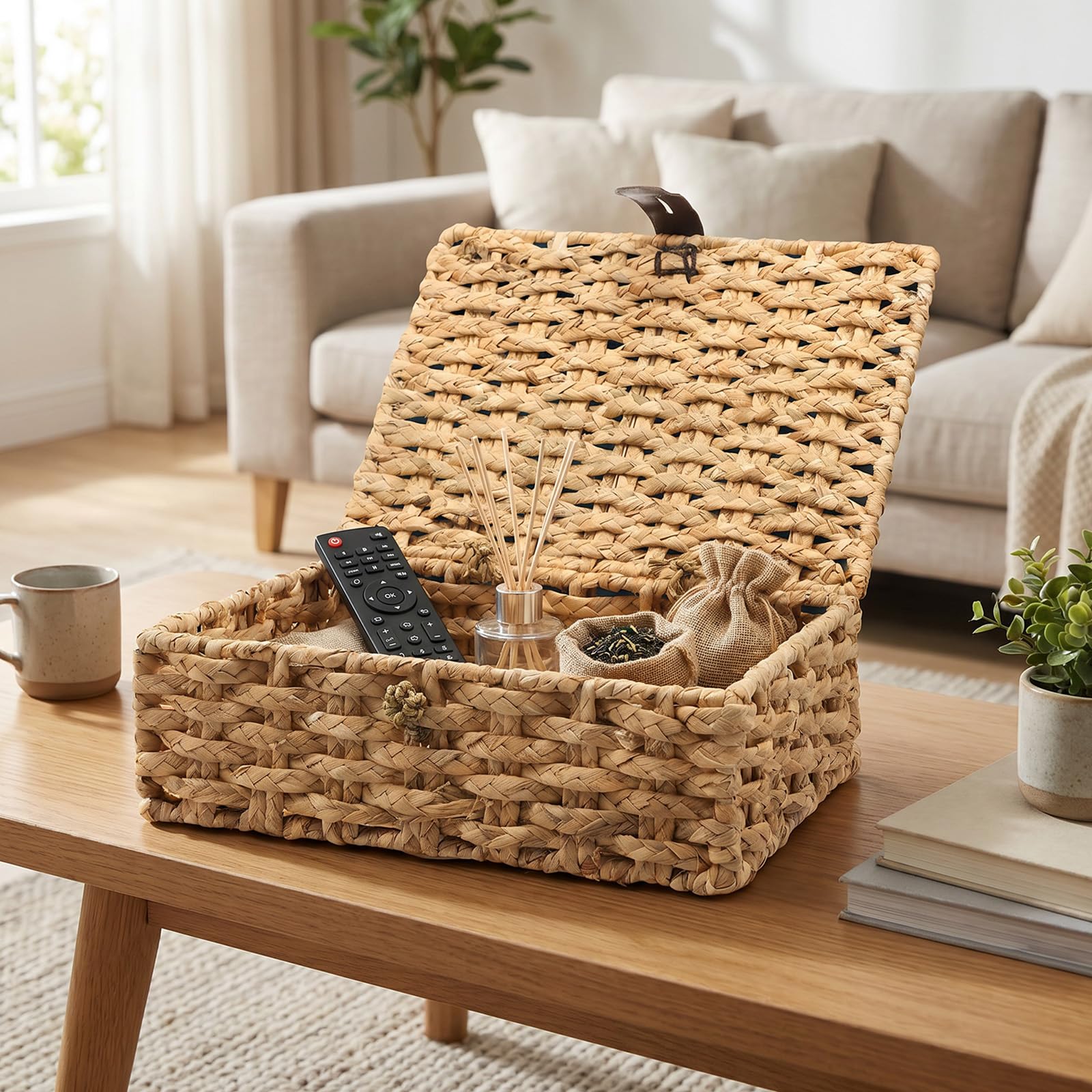 Handwoven Wicker Storage Baskets with Lids Water Hyacinth Storage Boxes with Faux Leather Strap Natural Seagrass Shelf Organiser Bins for Living Room, Bedroom & Wardrobe(37x28x12.5cm)
