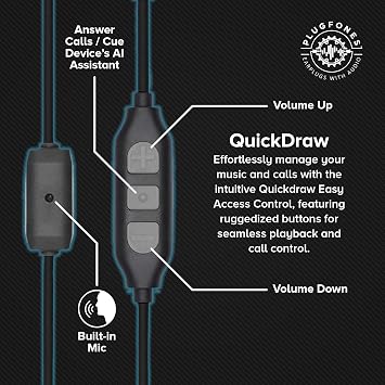 Plugfones Guardian Plus Wired Earplug Headphones for Work, Mic & Controls | 29dB NRR Foam & 27dB Silicone Plugs, Noise Isolating Mic, OSHA Compliant Ear Plug Headphones for Work, Safety Earbuds, Black