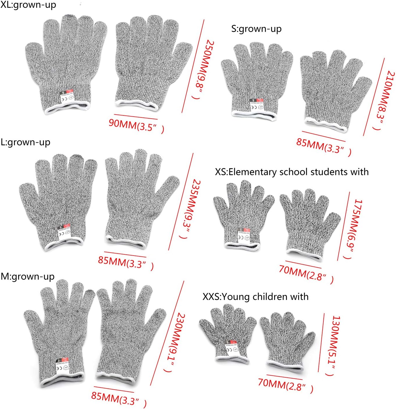 HTTMT- 10Pair XS 8-12yr Kid Cut Resistant Gloves High Performance Level 5 Protection Food Grade In/Outdoor [P/N: ET-TOOL032-XS X10-GRAY ]