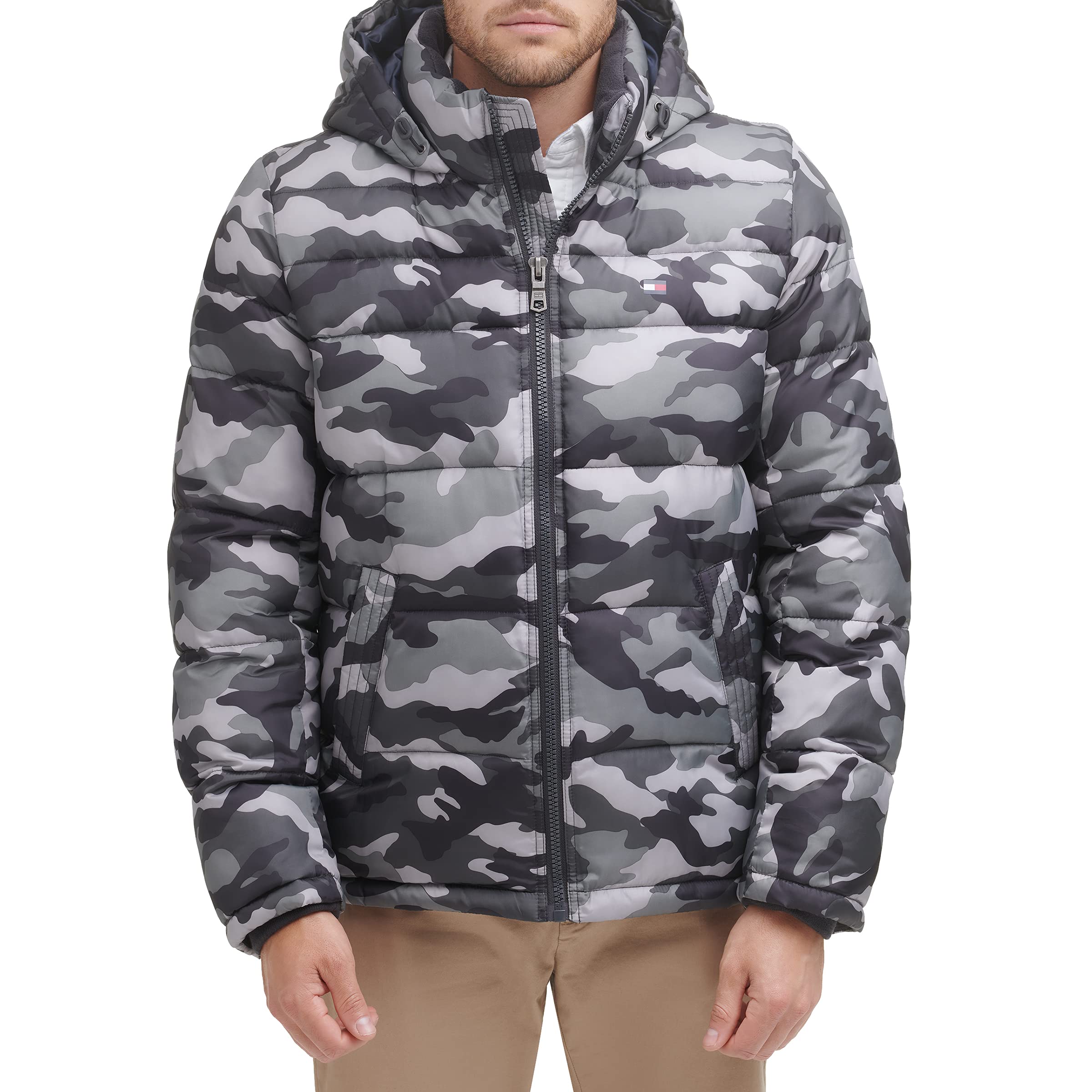 Tommy Hilfiger Men's Down Alternative Hooded Puffer Jacket (Standard and Big & Tall) Coat, Grey Camouflage, S