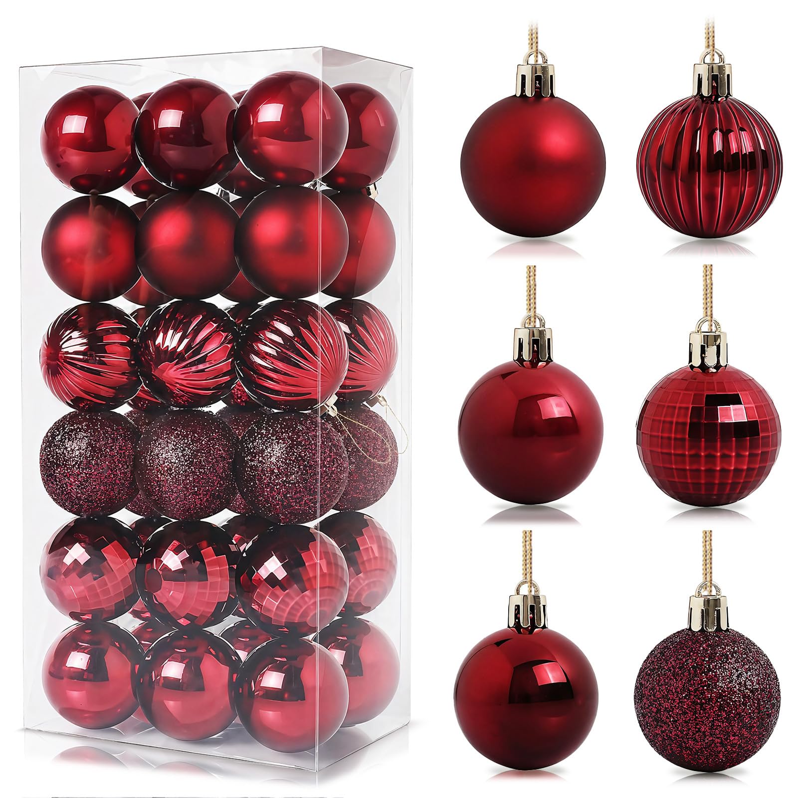 36Pcs Burgundy Baubles for Christmas Tree, 3cm Mini Shatterproof Plastic Christmas Balls Ornaments with Strings, 6 Design Xmas Baubles Hanging Balls for Indoor Outdoor Xmas New Year Party Decor