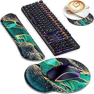 Mouse Pad Wrist Support Set, Canjoy 3-in-1 Keyboard Wrist Rest + Ergonomic Mouse Pad + Coaster, Non-Slip Wrist Rest Mouse Pad Set, Easy Typing & Pain Relief for Home Office
