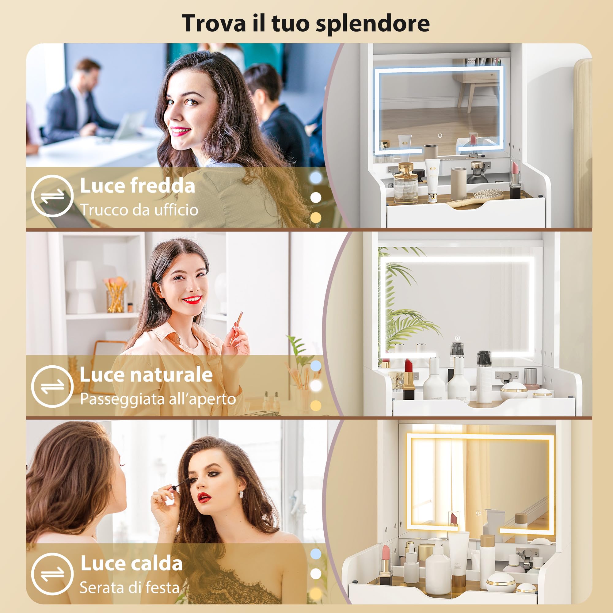 HOMCOM Postazione Trucco con Luci LED a 3 Colori, Specchio a Ribalta, Toeletta Trucco Moderna con Sgabello Imbottito a Scomparsa, 3 Cassetti, Armadietto con Ante in Vetro, Scomparto, Bianco