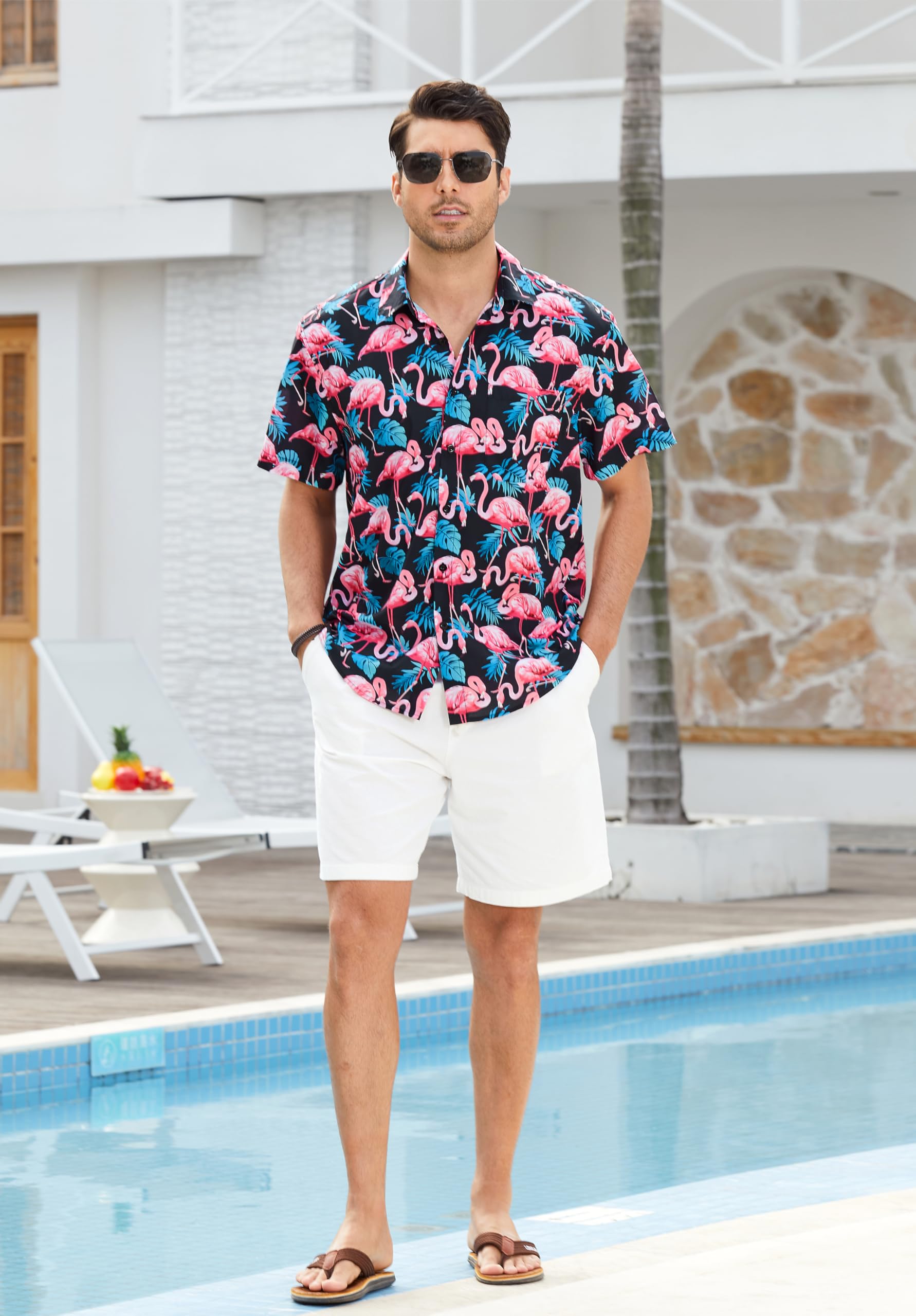 HISDERN Męskie funky hawajskie koszule z krótkim rękawem przednia kieszeń wakacje lato aloha nadruk plaża casual hawajska koszula S-2XL