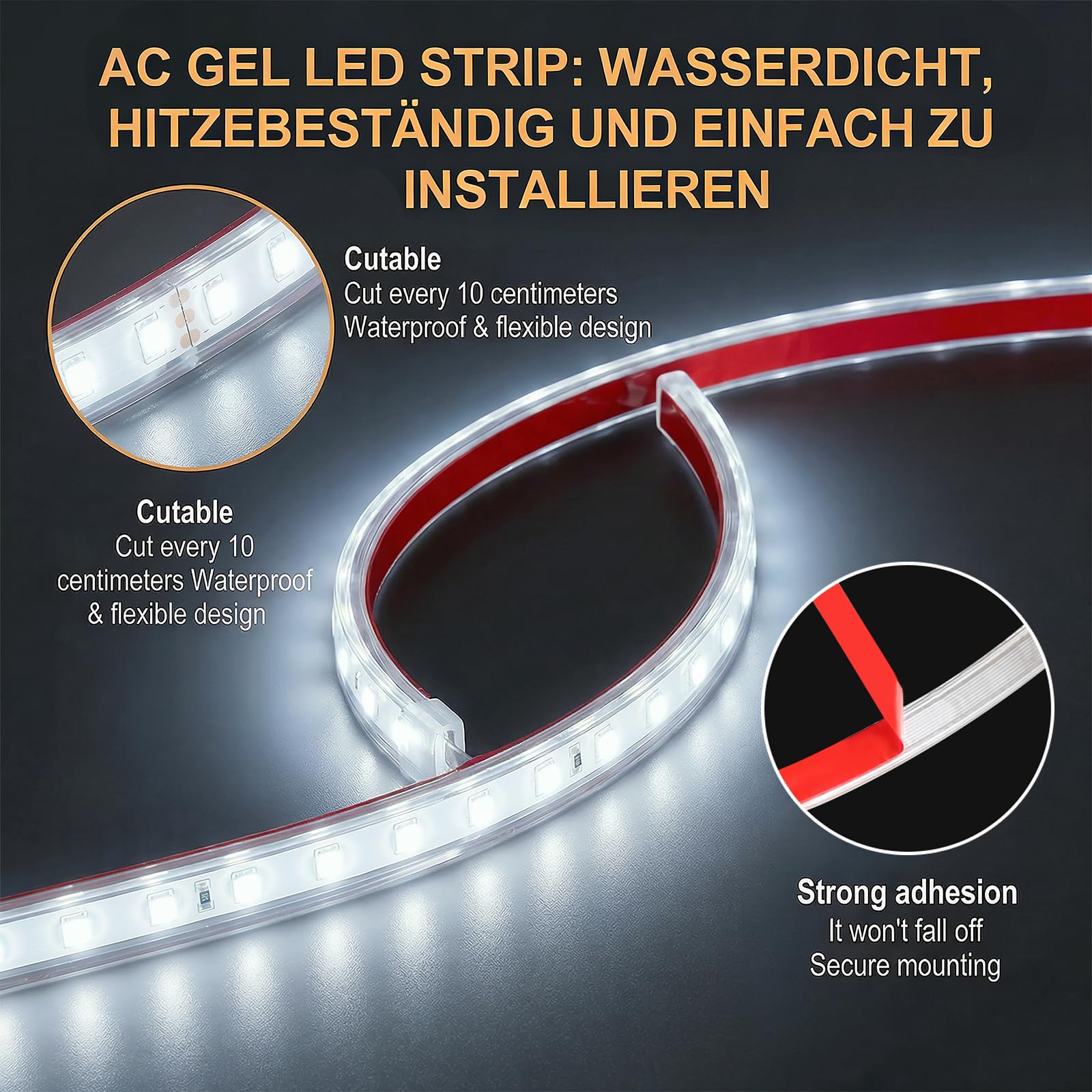 Nastro LED da 5 m, bianco freddo, 230 V, autoadesivo, SMD 2835, 120 LED/m, 230 V, per esterni e costruzione di negozi, IP67, impermeabile (bianco freddo, 5 m)