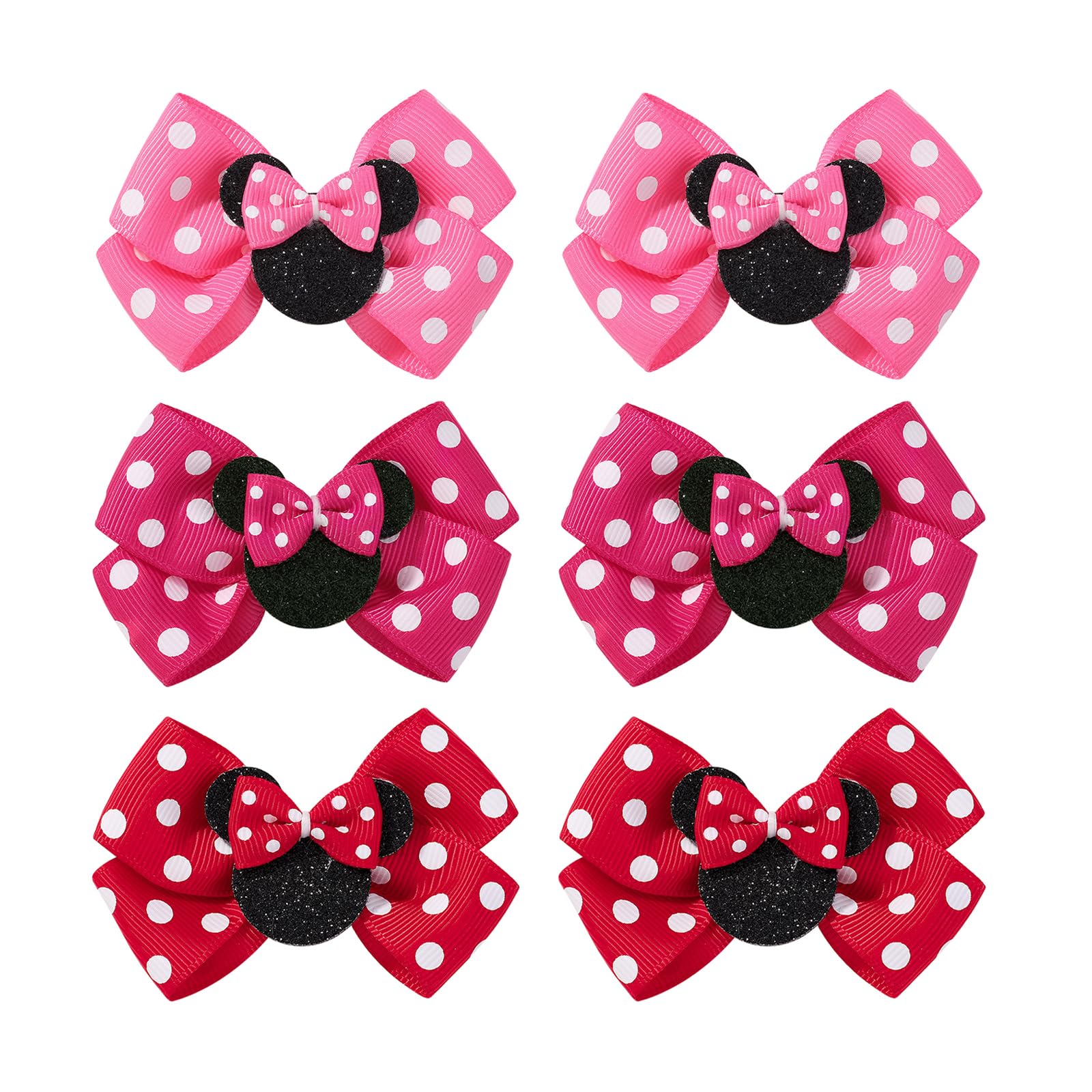 6PCS Mouse Ears Hair Bows Clips Small 3 Inch Baby Girl Bows Hair Clips, Cute Hair Accessory Mouse Ear Hair Clip Birthday Party Decoration for Baby Toddlers Girls in Pairs