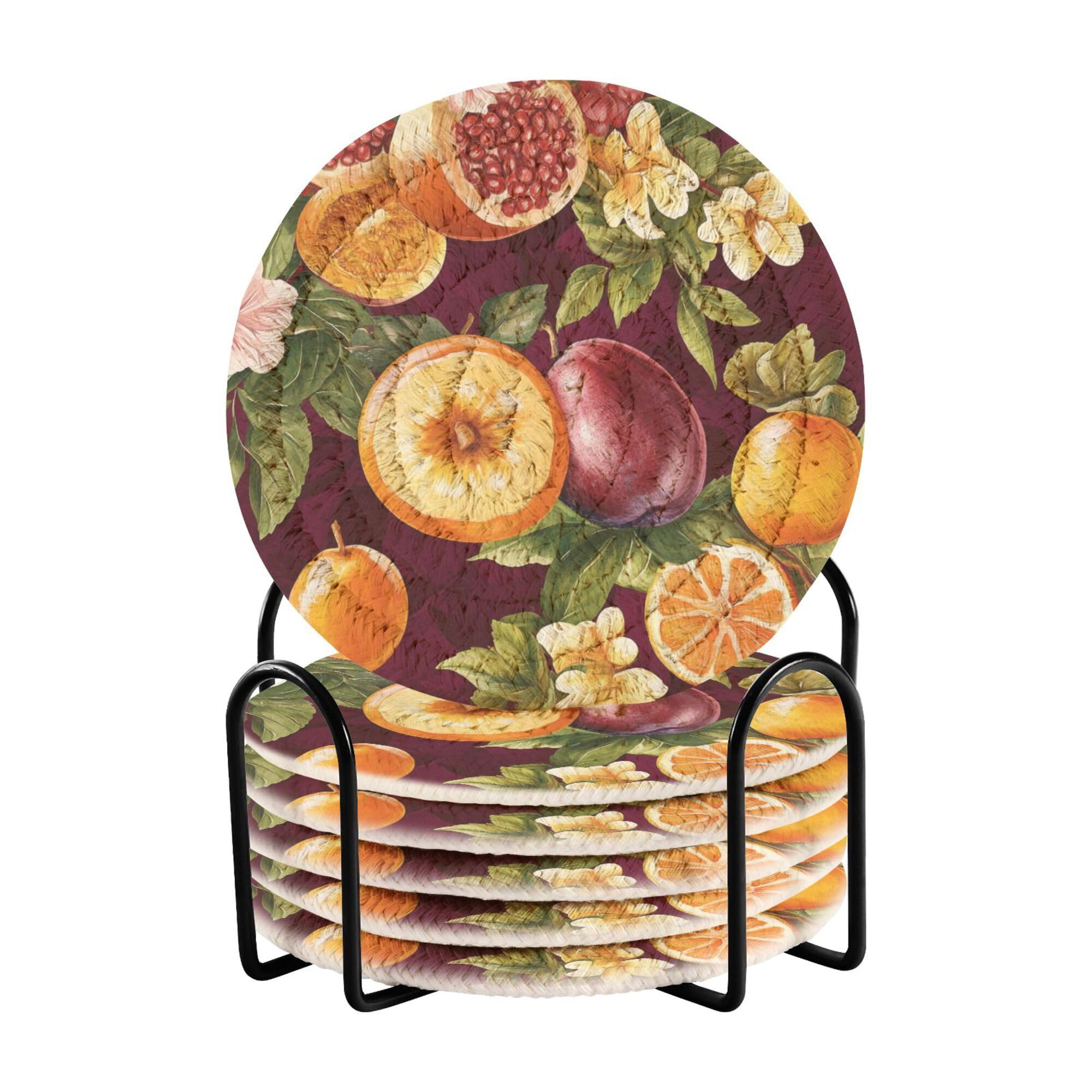 Funny Kumquat Fruit Purple Cotton Rope Absorbent Coasters Set with Holder 6 Pack Cotton Coasters