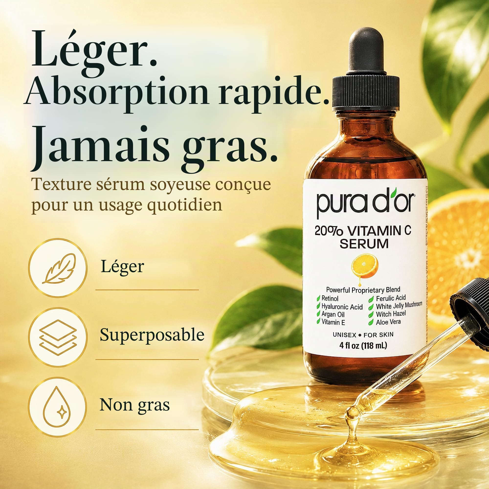 Pura D'Or 20% de vitamine c sérum (118 ml) avec l'acide hyaluronique, acide férulique, la vitamine e, super antioxydants, huile d'argan et aloe vera - force professionnelle