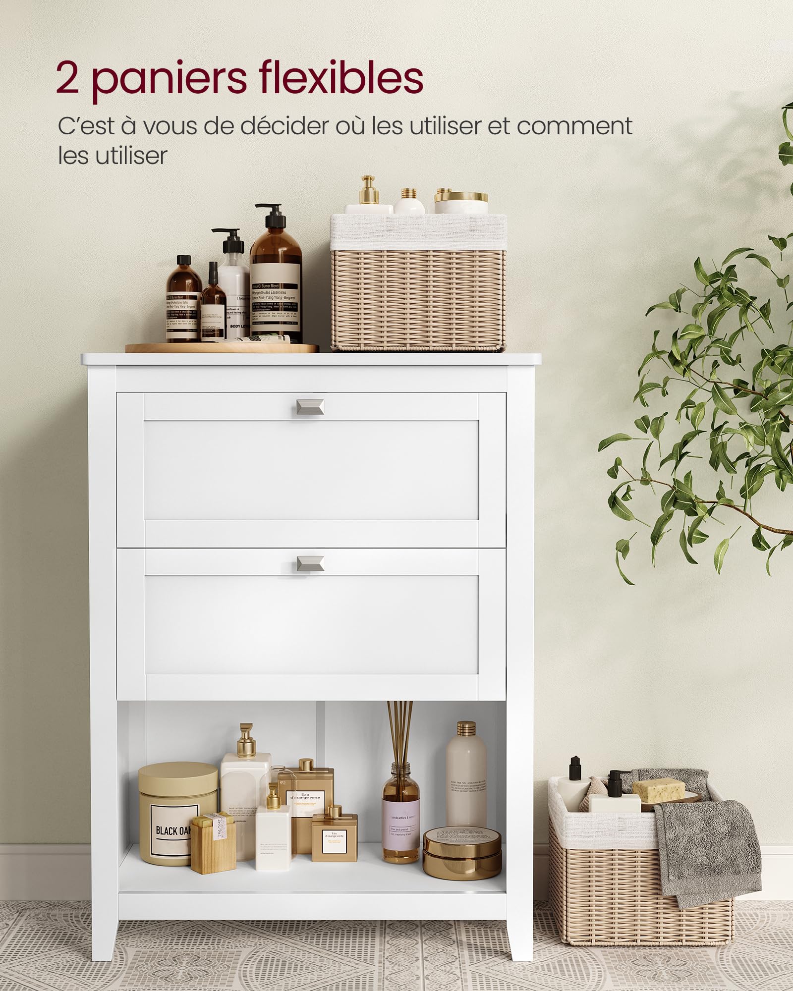 VASAGLE Meuble de Salle de Bain, Meuble de Rangement, 2 Tiroirs avec 1 Séparateur Réglable, 2 Paniers, Buffet, 30 x 60 x 80 cm, Blanc Nuage BBC545W02