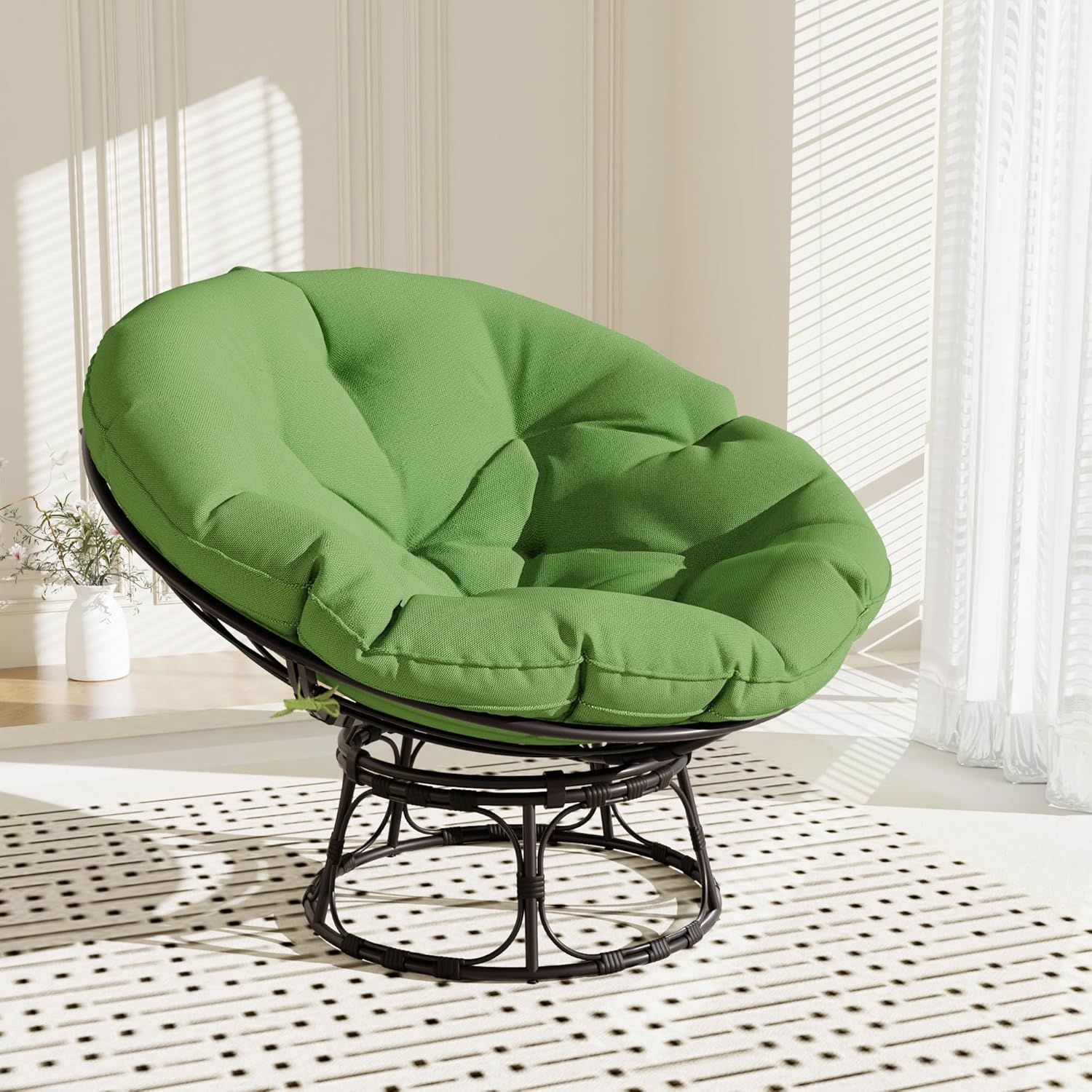 46" Papasan Chair with Cushion and Frame, Ergonomic Wicker Papasan Circle Chair for Living, Bedroom, Reading Room, Lounge 46'' Green