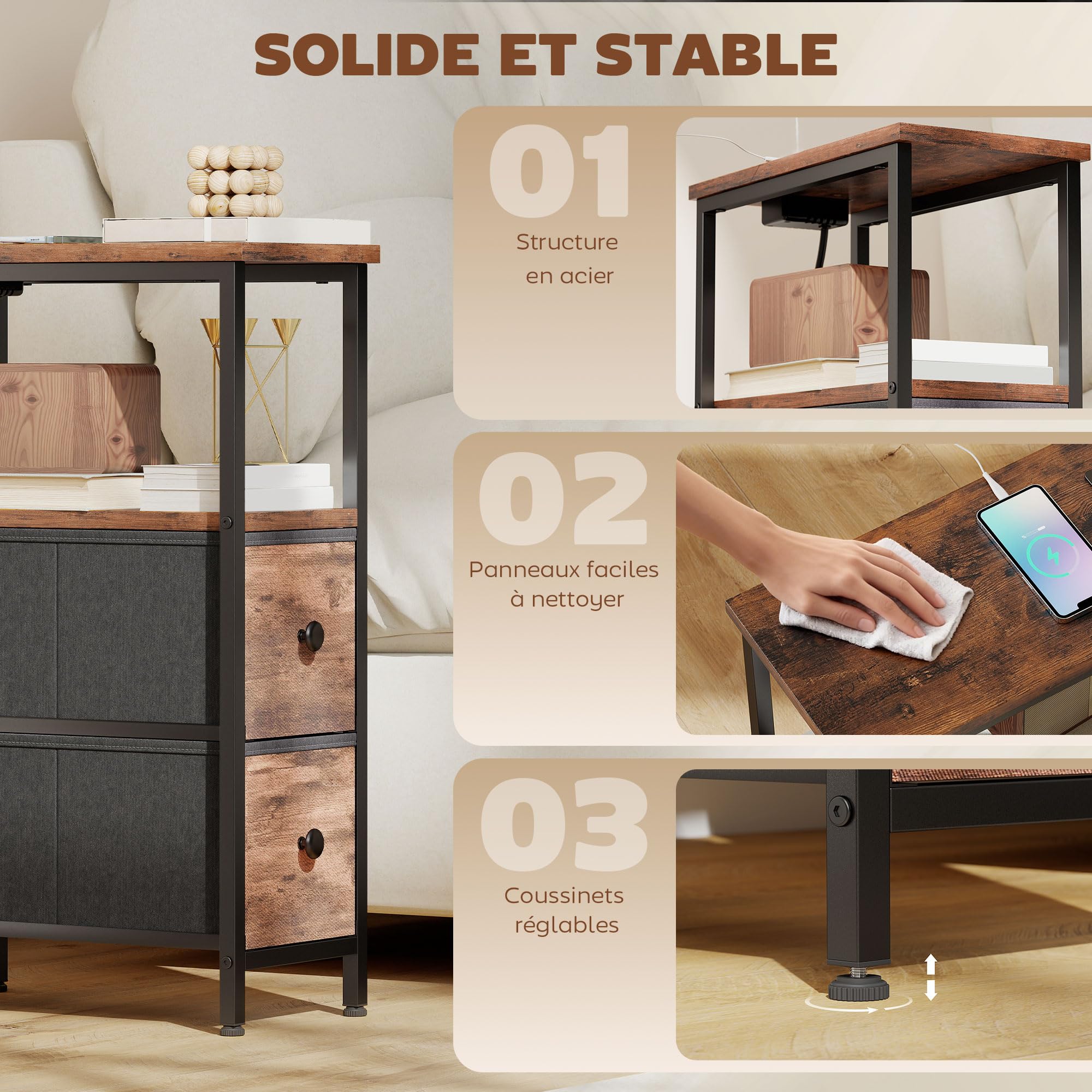 HOMCOM Table d'Appoint avec Station de Charge Étagère Ouverte Brun Rustique