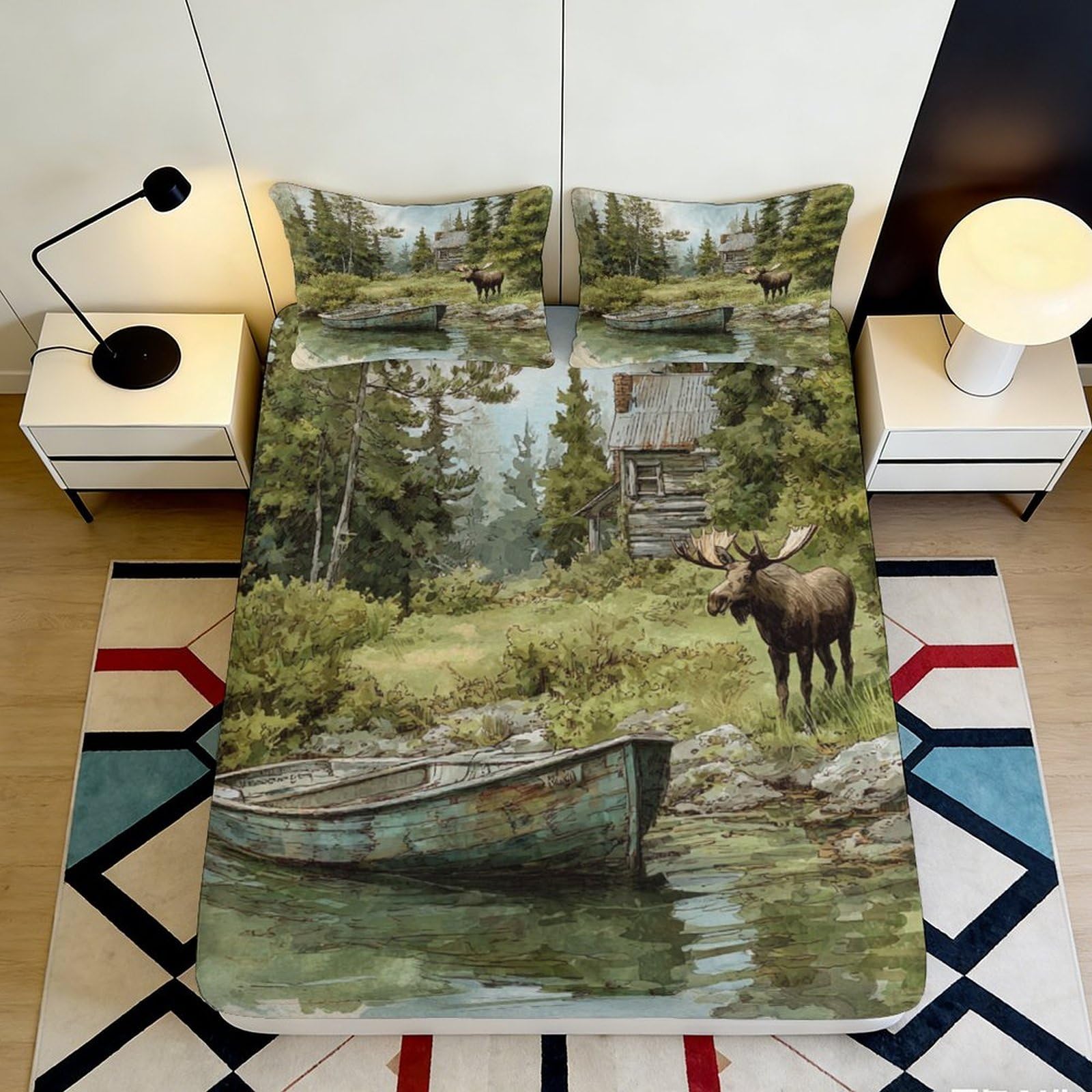 Jqzkxnhpbr Style-4 3D Printed Forest Lake Fitted Sheet Microfiber Soft Breathable Moose Boat Mattress Cover For Bedroom Guest Room 90X200x25cm