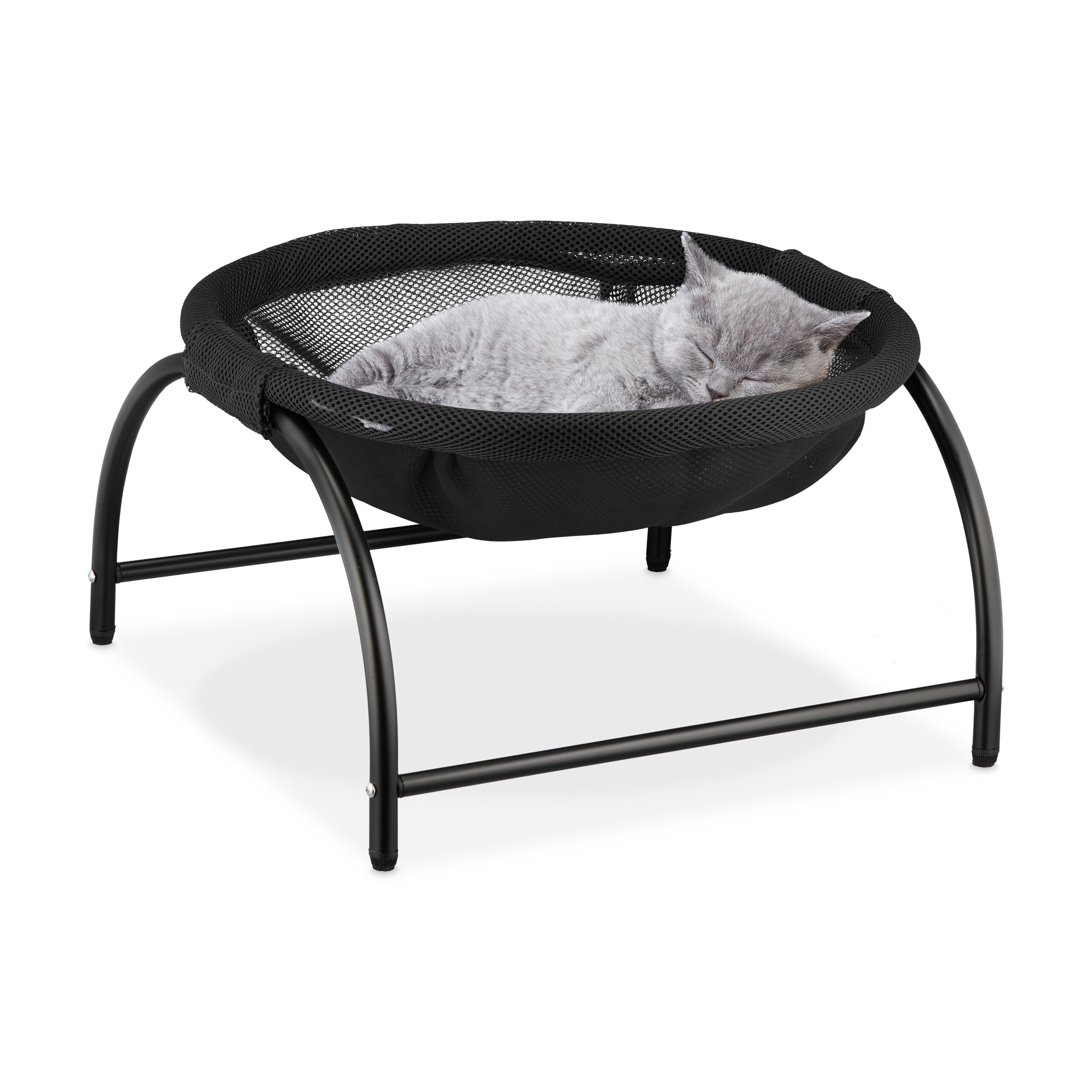 Relaxdays Cat Hammock Bed, Freestanding, Raised Pet Perch, HWD: 25 x 44 x 42 cm, Mesh, Dog Lounger with Stand, Black