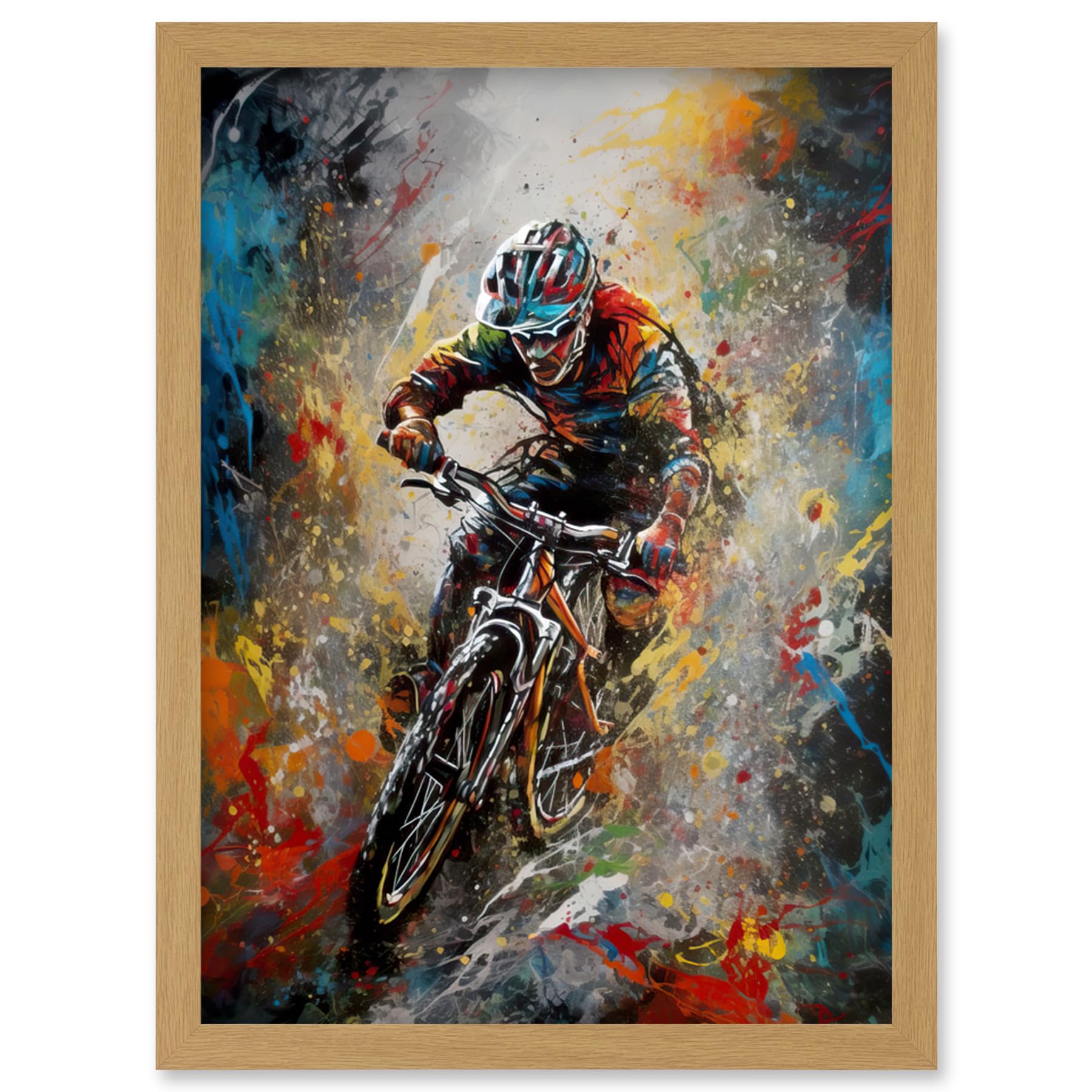 Mountain Biker Paint Splat Action Shot Framed Wall Art Print A4 - Artery8