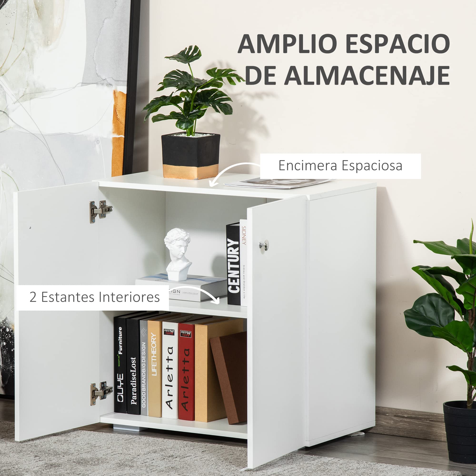 HOMCOM Aparador de Salón con 2 Puertas Armario Pequeño 70x39x70 cm Blanco | 2 Estantes, Libros Ropa Juguetes, Estilo Moderno, Armario Auxiliar
