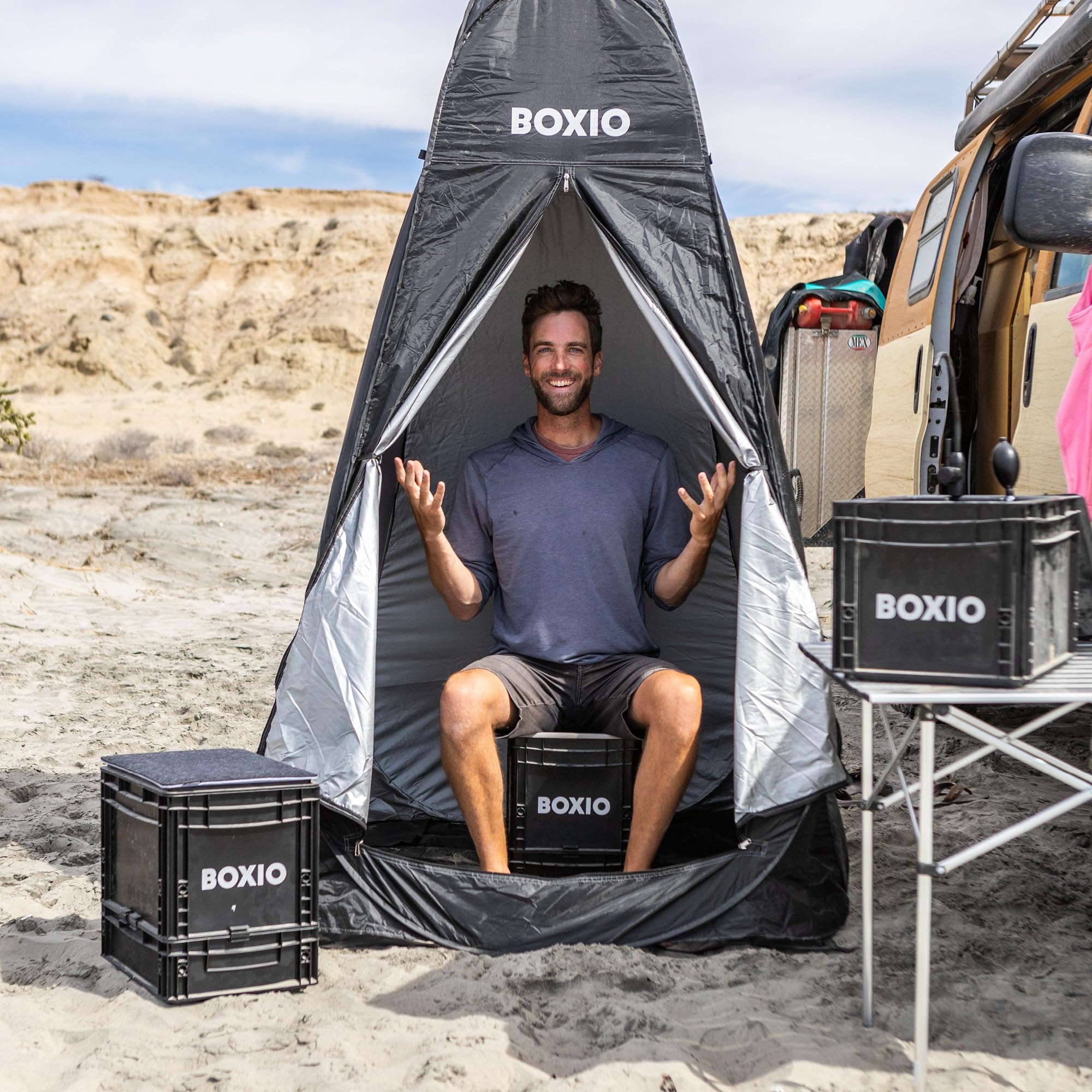 BOXIO - Edición Sanitaria: solución Todo en uno para el baño de Camping móvil, Lavabo de Camping, Ducha de Ducha, Tienda de Ducha y Accesorios de Acampada