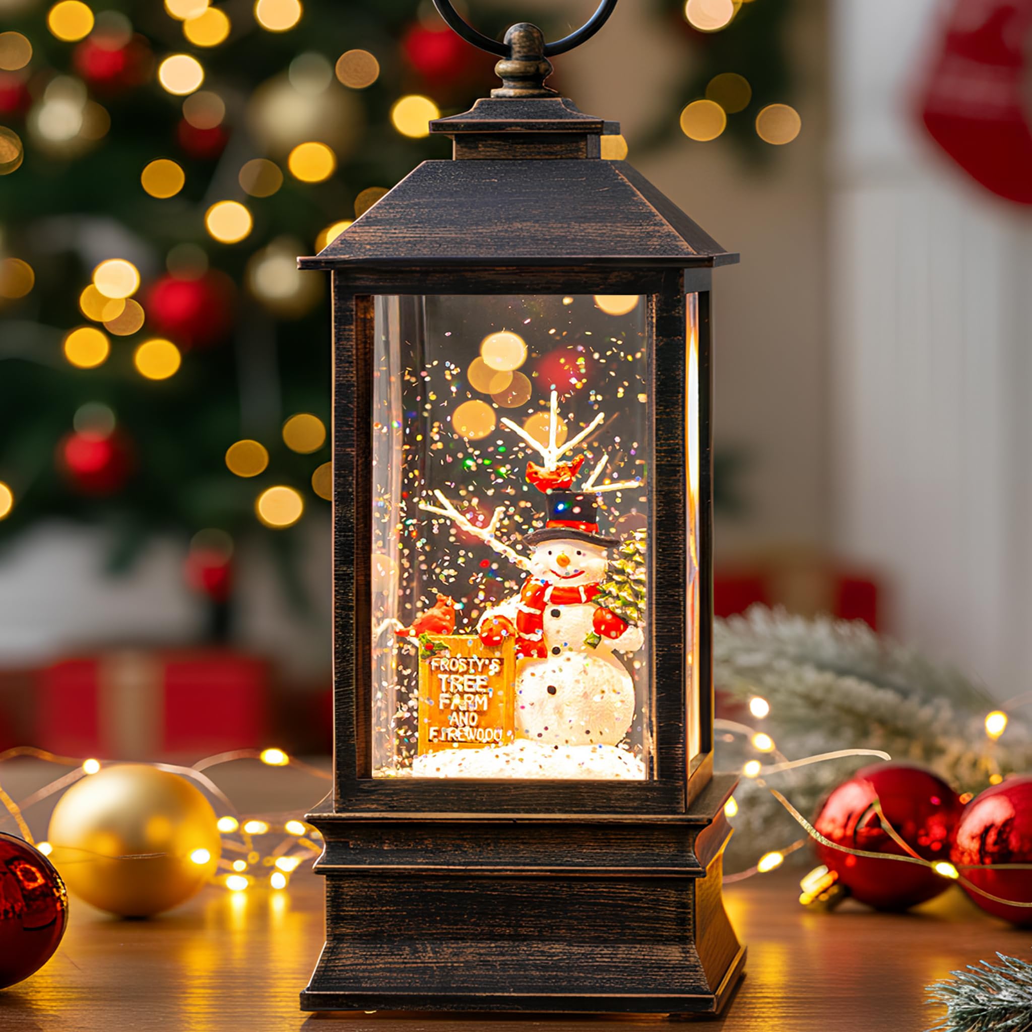 Christmas Snow Globe Water Glittering Farm Snowman with Music &amp; Timer, USB Lined/Battery Operated Lighted Lantern for Christmas Festival Decoration Gifts