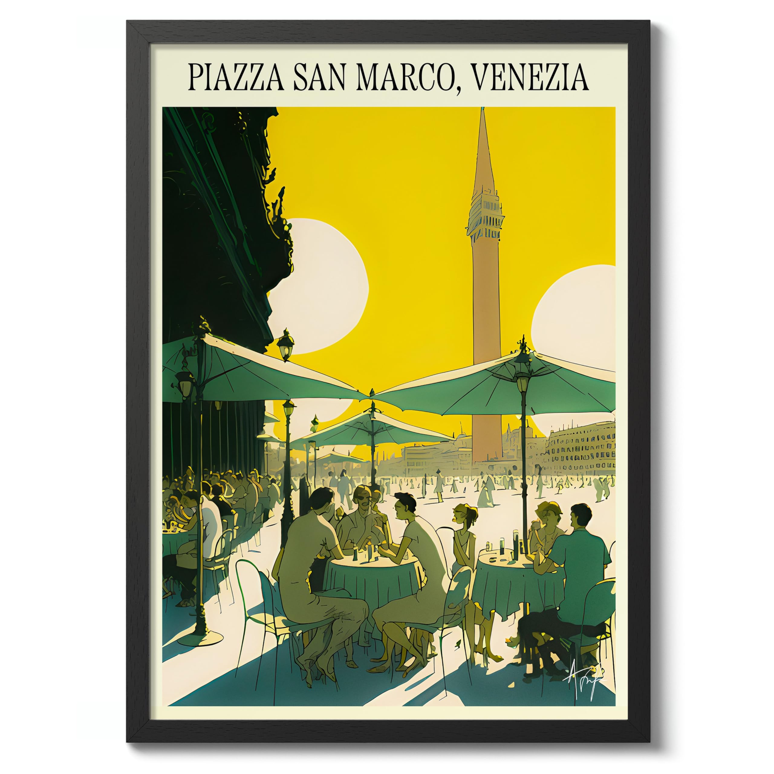 Piazza San Marco, Venezia - Italy Alfonso Trufa Vintage Poster, Retro Travel Art Illustration Print, Tourism Landmark Sketch Colouful Bedroom Wall Art Home Decor, A1 (Black Frame) - 86.9x62.4cm