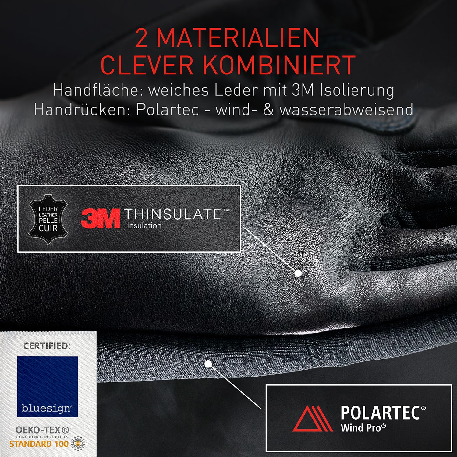 THE HEAT COMPANY – Durable Liner PRO – Touchscreen Lederhandschuhe Herren gefüttert - Premium Qualität - Thermo Handschuhe Damen Leder - windabweisende Winter Lederhandschuhe