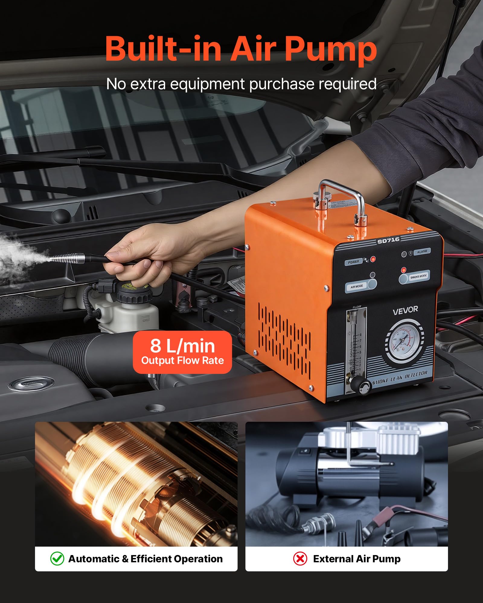VEVOR Máquina de Fugas de Humo 12 V CC, Detector de Fugas de Humo Automotriz Probador de Vacío EVAP, con Bomba de Aire, Manómetro y Caudalímetro Incorporados, Modo Dual para Coches, Motos, Barcos