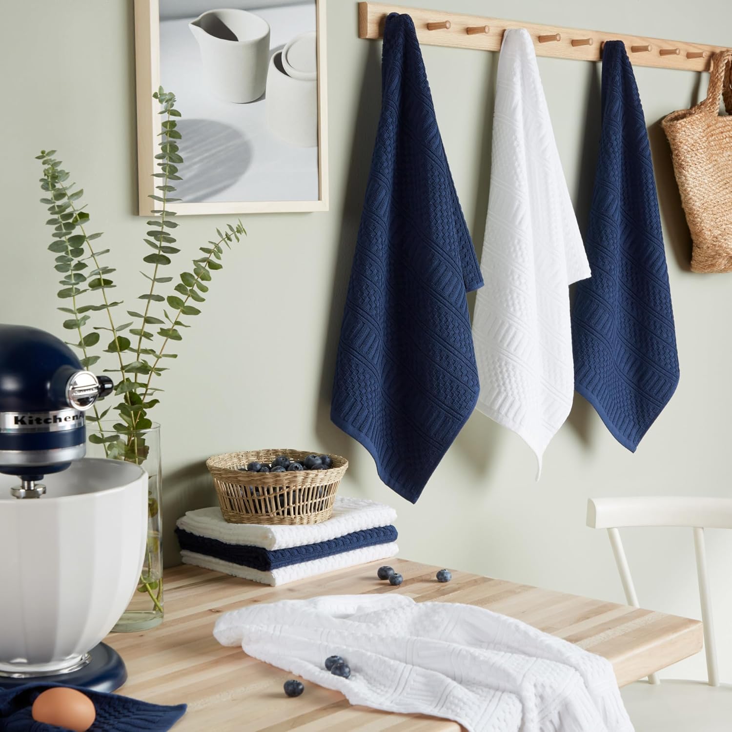 KitchenAid Cotton Classics Textured Solid Kitchen Towels 8-Pack, Absorbent 100% Cotton, Ink Blue/White, 17”x28”